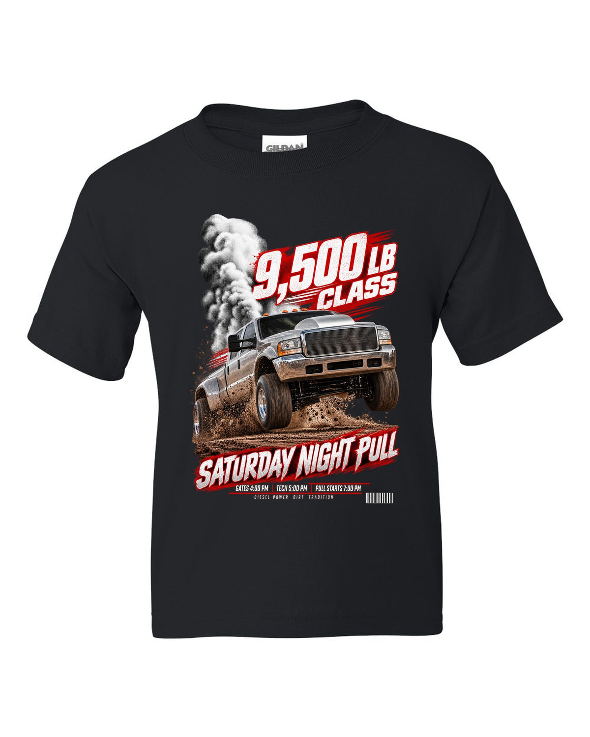 Race poster of a 1998.5-2002 Ram 2500 24V with the text 9,500 lb class, Saturday night pull black kids tee front view with the design