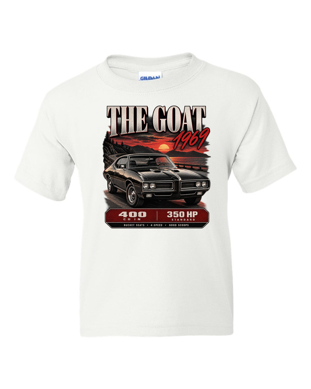 1969 Pontiac GTO archive panel print with 400 cu in spec callouts white kids tee front view with the design