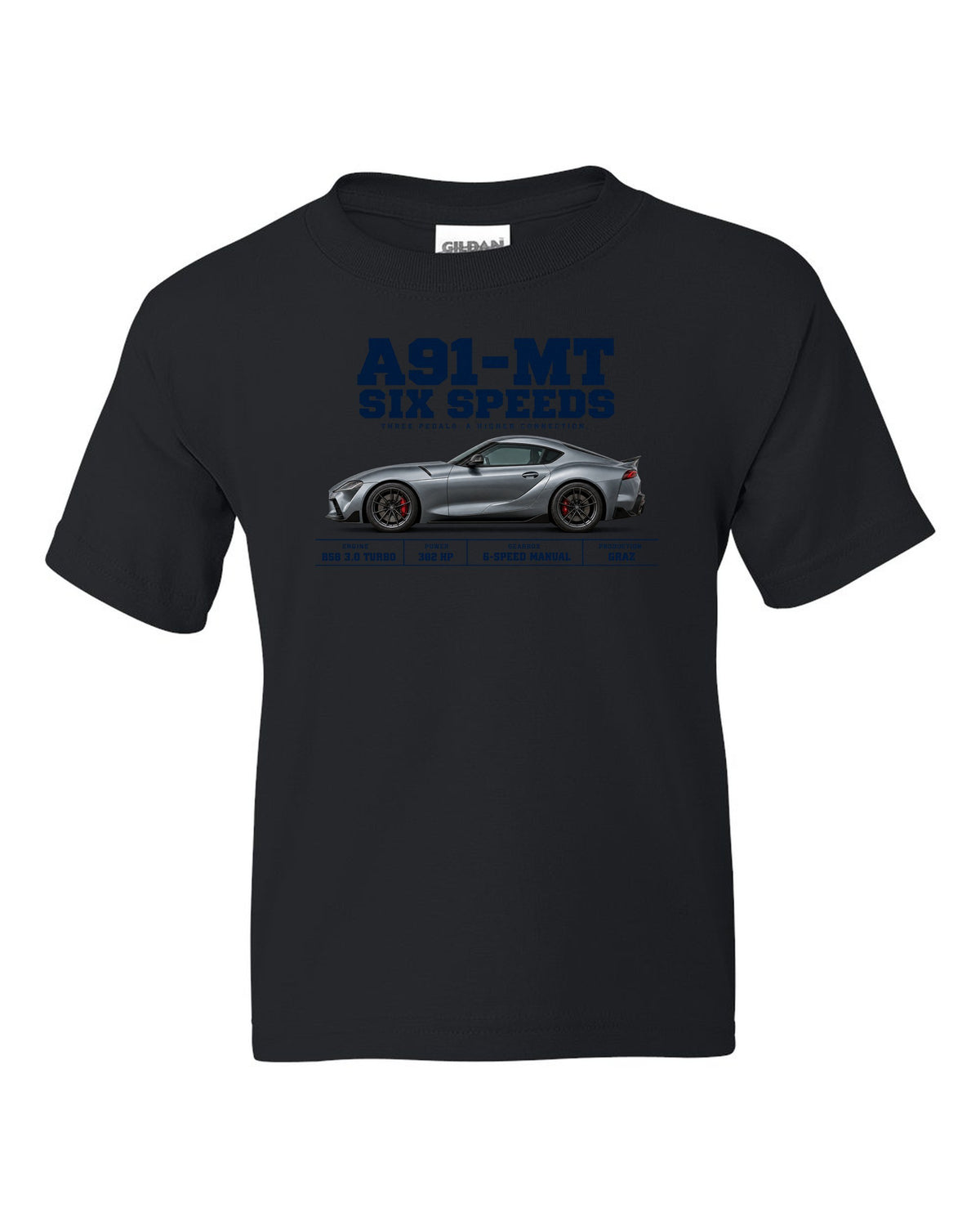Signal red Toyota GR Supra A91-MT shown in three views with spec table black kids tee front view with the design