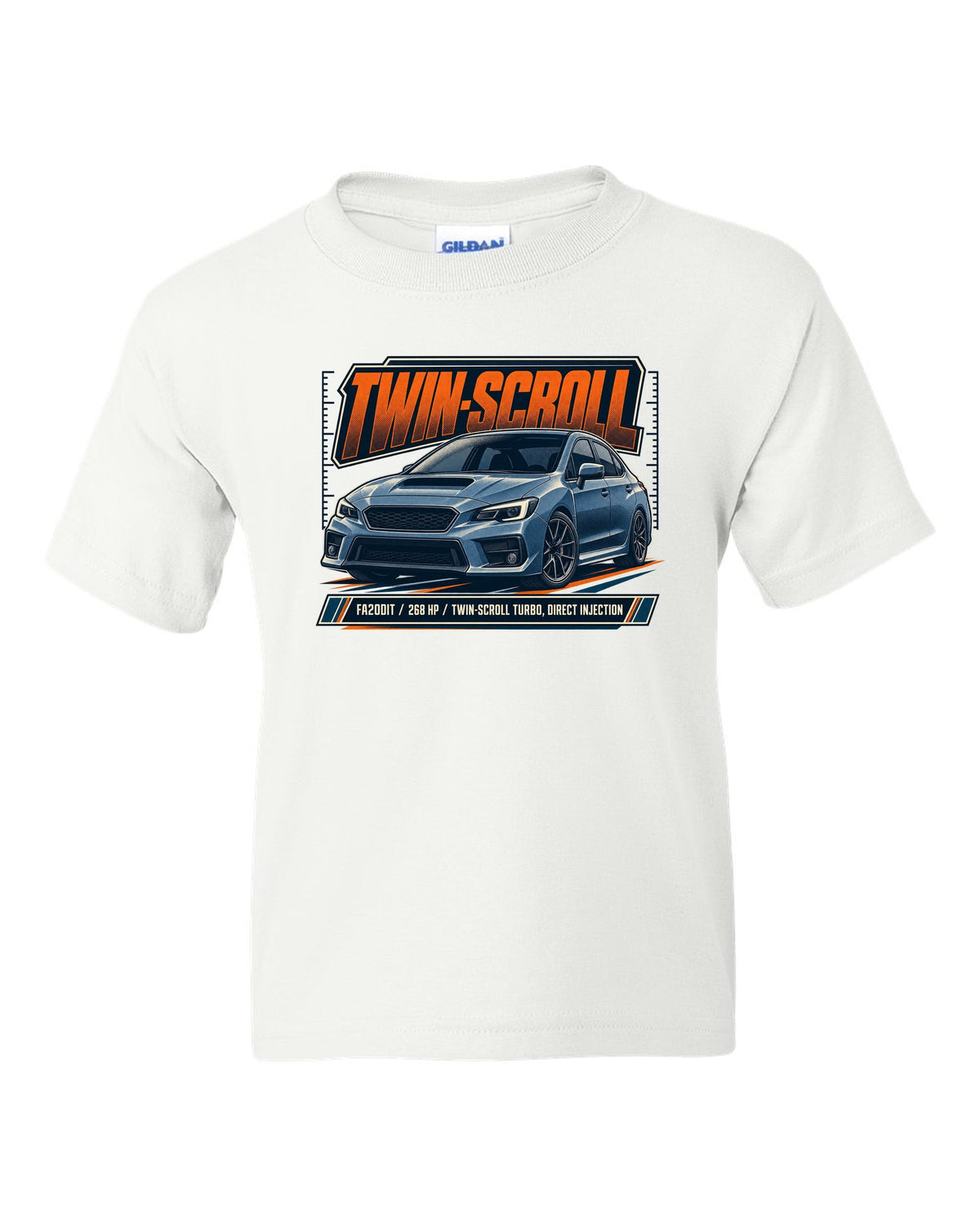 Subaru WRX VA sedan front three-quarter halftone design white kids tee front view with the design