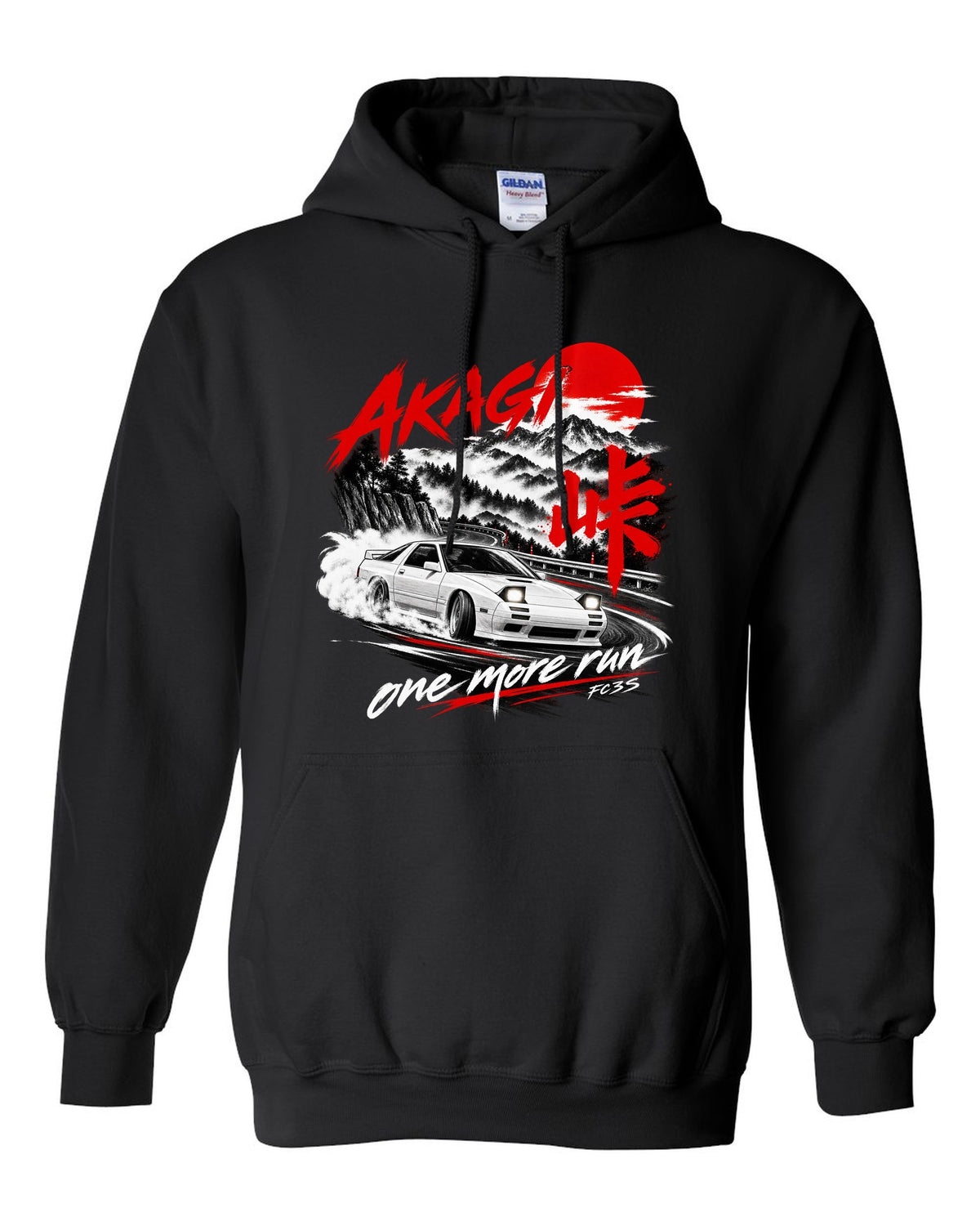 Night print of a Mazda RX-7 FC3S on Akagi with one more run lettering black pull over hoodie front view with the design
