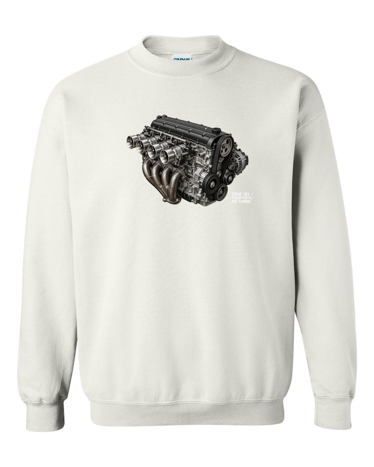 BMW E30 M3 S14 engine hero print labelled DOHC 16V four pots no turbo white crewneck front view with the design