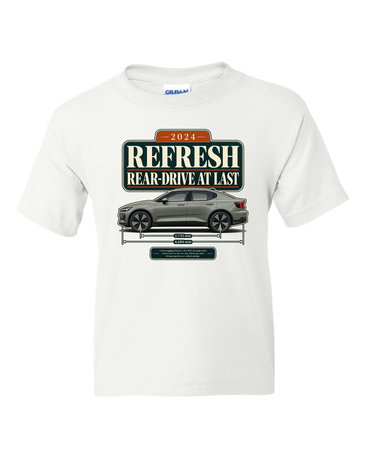 Polestar 2 2024 refresh editorial headline print on a shirt white kids tee front view with the design