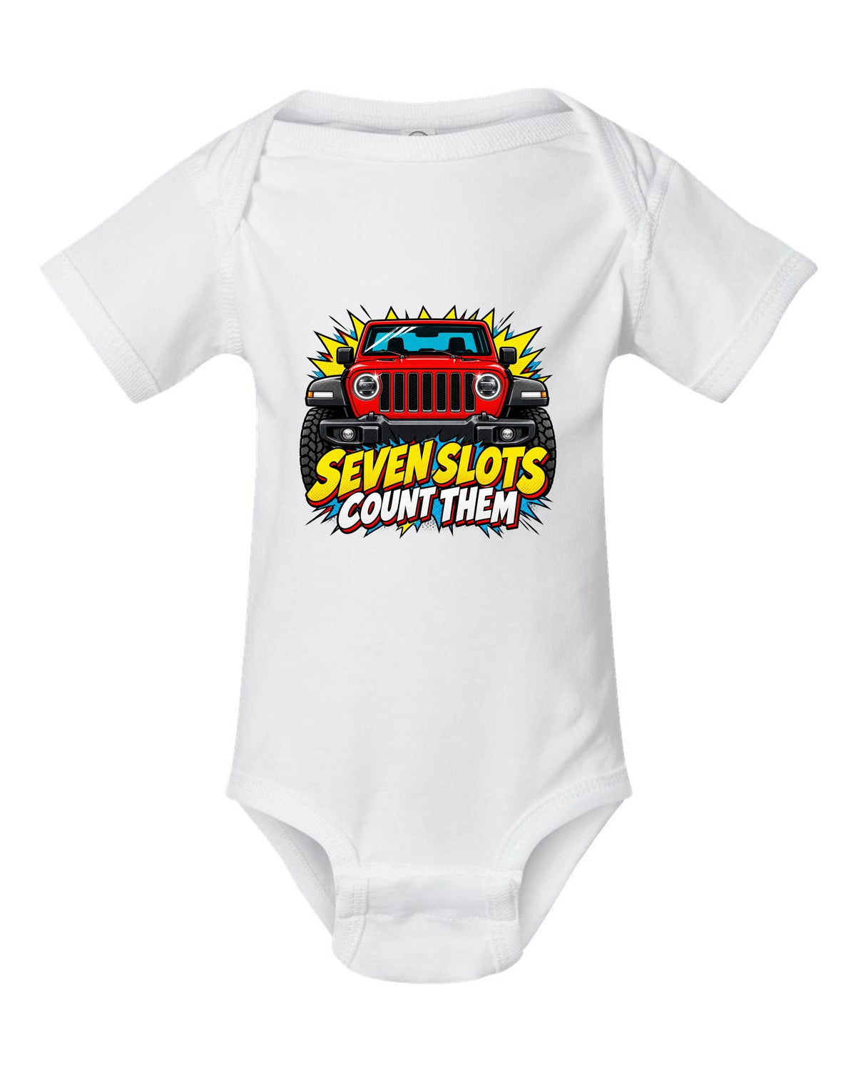 Comic halftone pop-art print of a Jeep Wrangler JL with seven slots text white baby onesie front view with the design