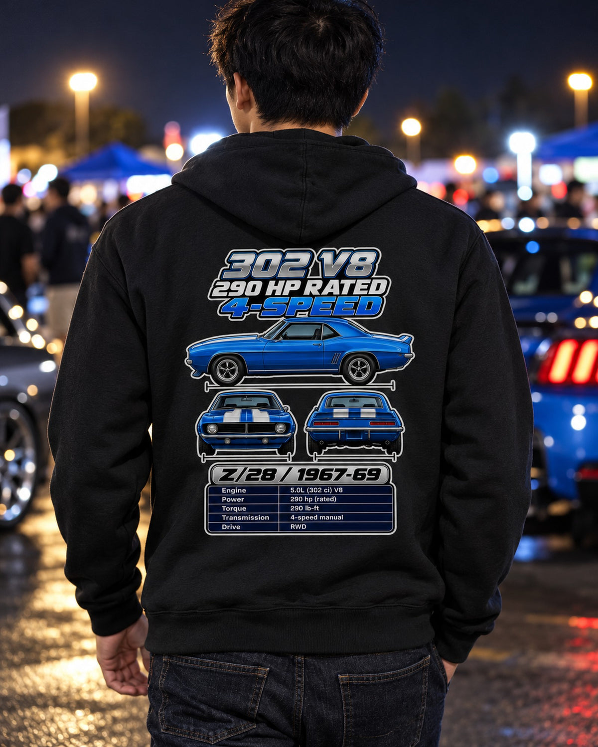 Chevrolet Camaro Z28 1967 Spec Sheet Full-Back Graphic Tee Zip Hoodie Black worn hero