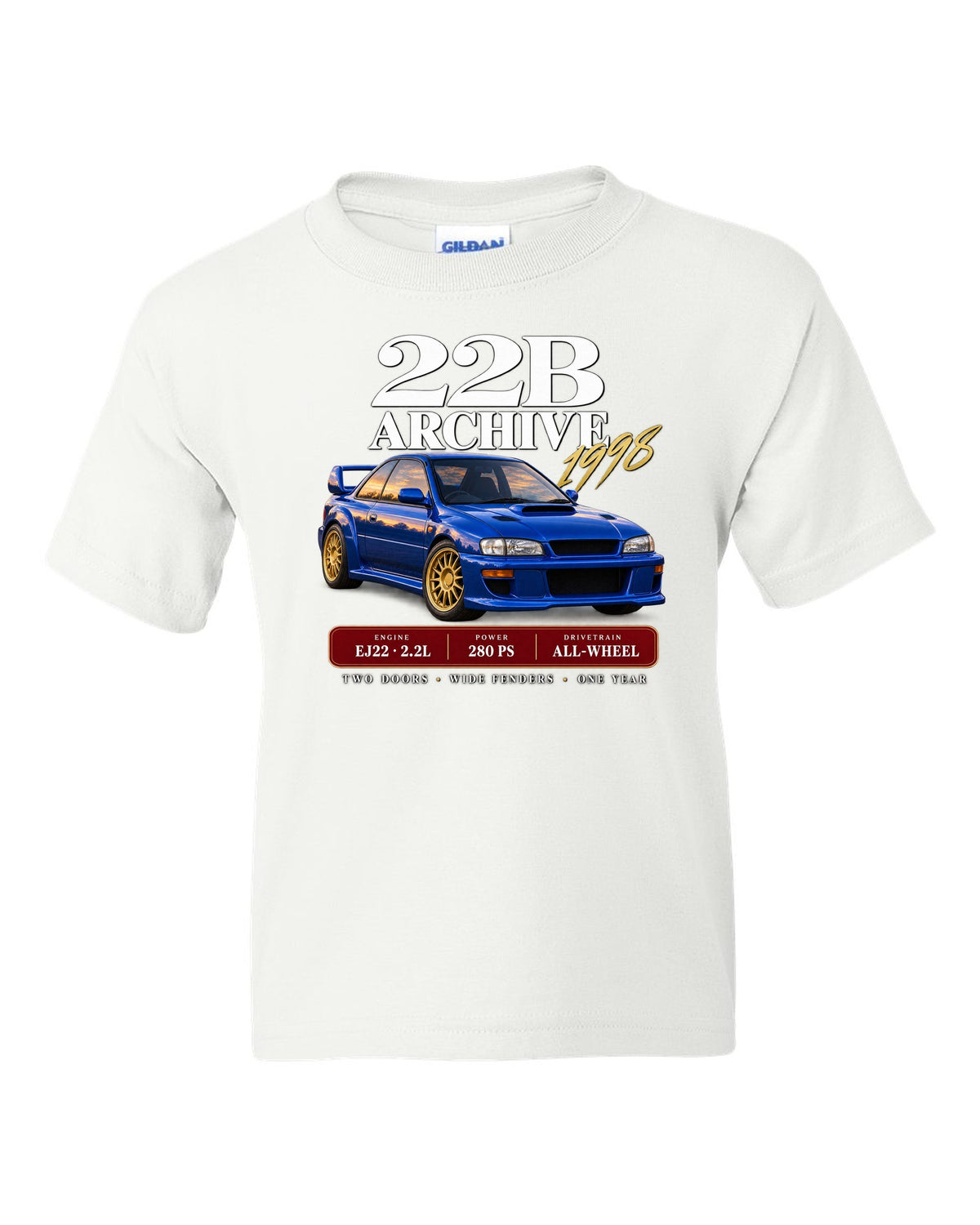 Subaru Impreza 22B STI 1998 archive panel with EJ22 2.2L 280 PS specs white kids tee front view with the design