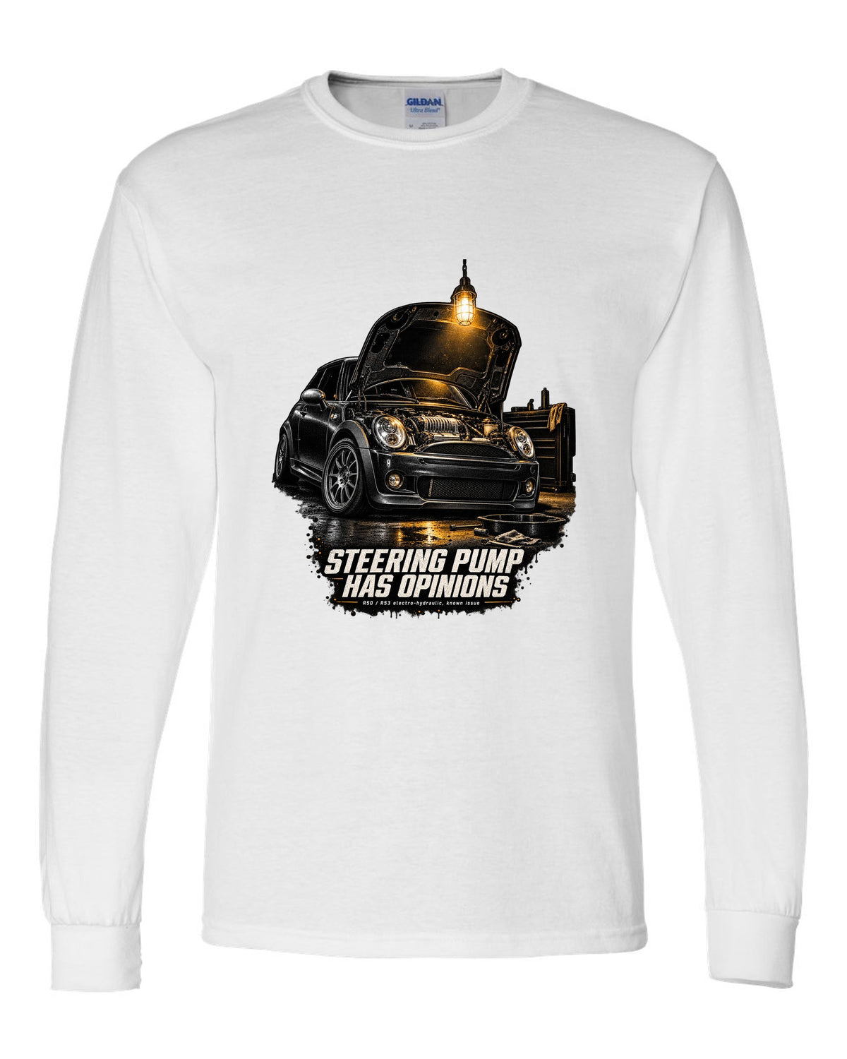 Mini Cooper S R53 garage night print with bonnet open and steering pump text white long sleeve front view with the design