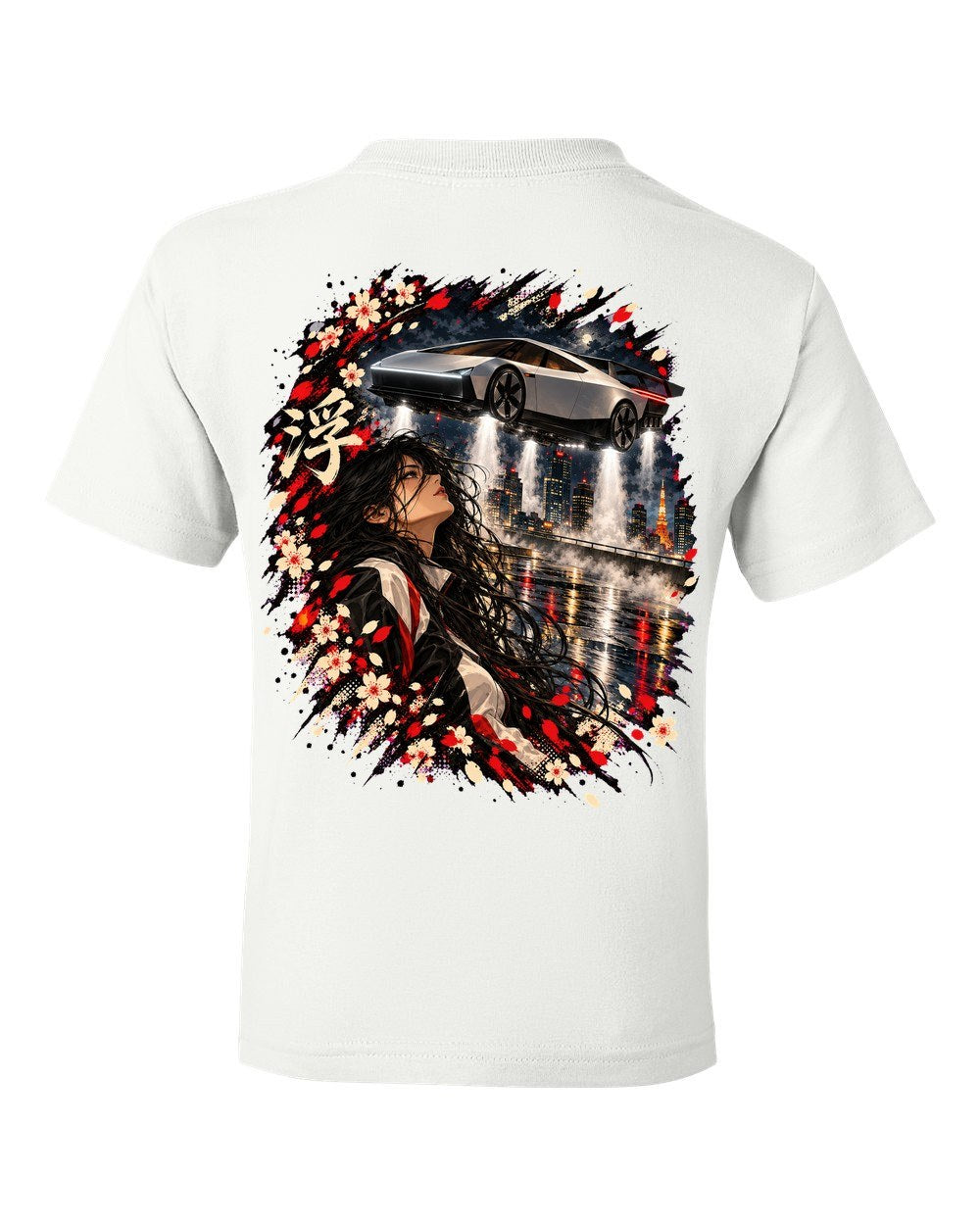 Tesla Roadster Hover Anime Girl Kids Tee White back