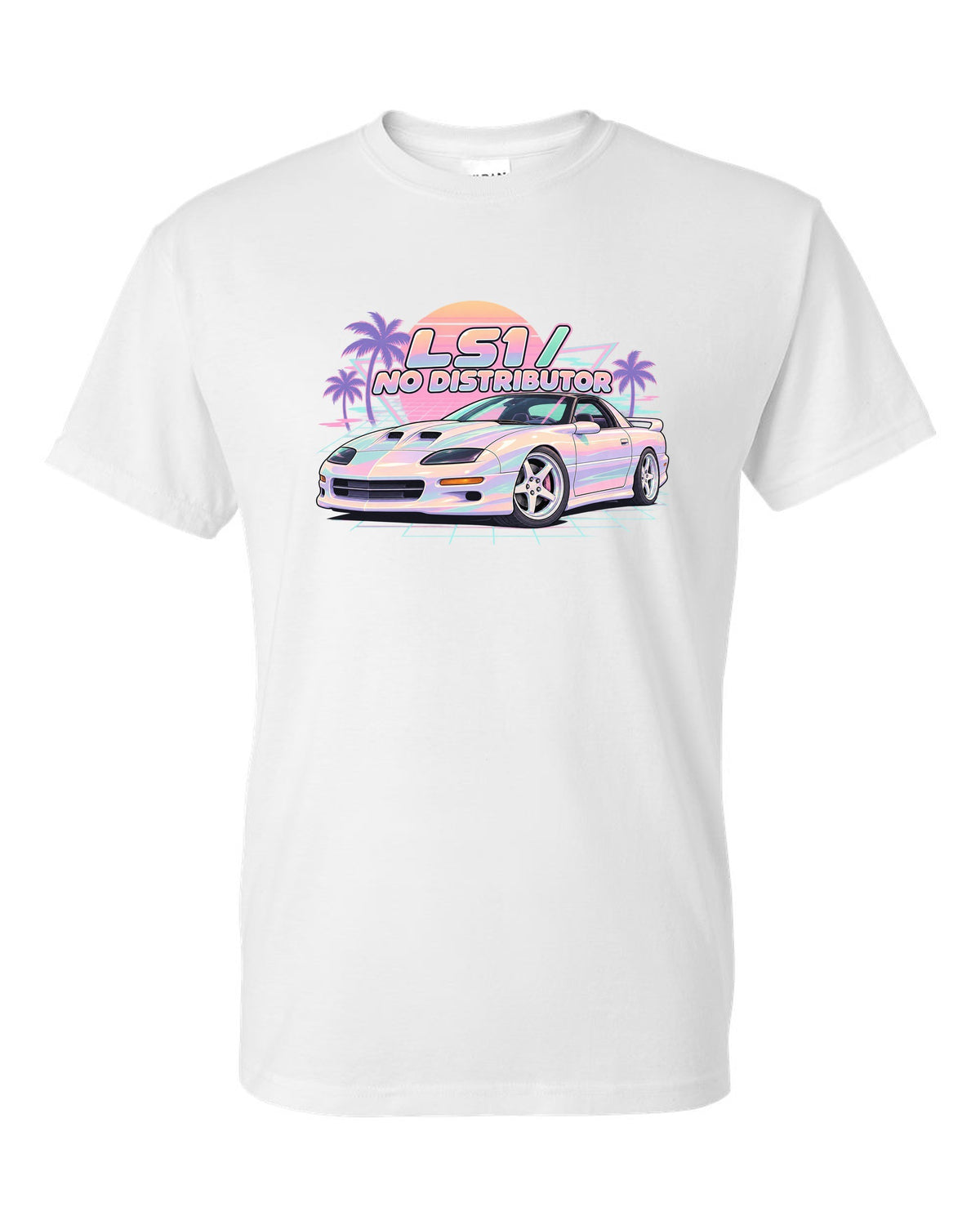 1998 Camaro SS fourth-generation on a pastel vaporwave grid with the text LS1 No Distributor white t-shirt front view with the design