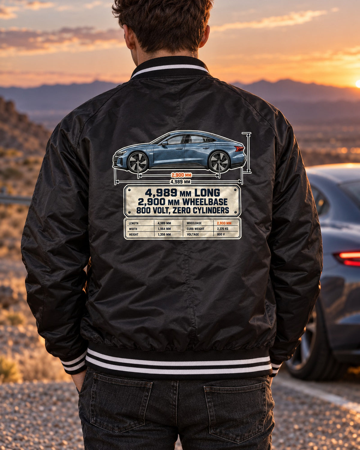 Audi RS e-tron GT J1 Dimension Blueprint Shirt, EV Car Guy Tee Bomber Jacket Black worn hero