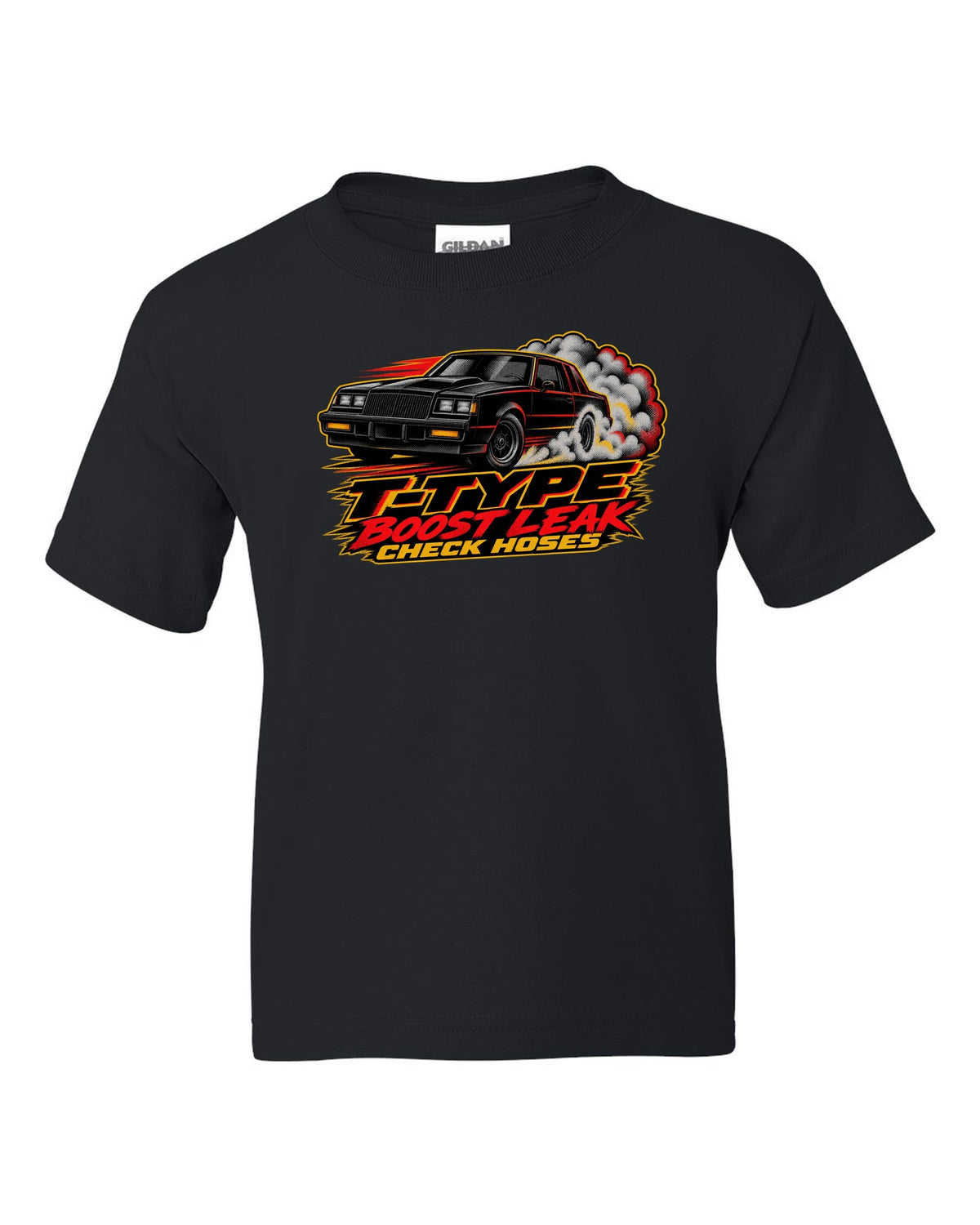 1986 Buick Regal T-Type G-body burnout in halftone screenprint style black kids tee front view with the design