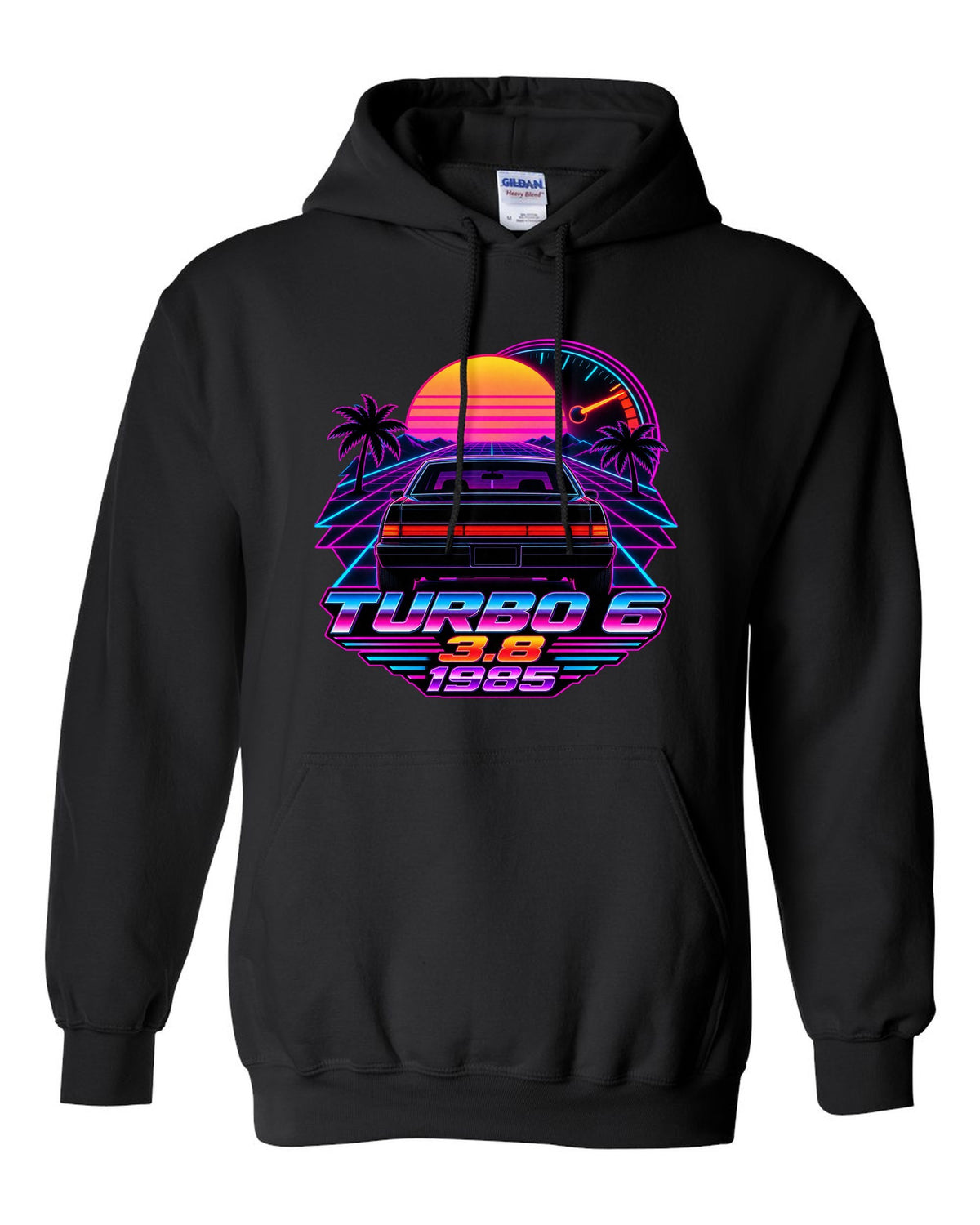 1985 Buick Regal T-Type rear taillights in a synthwave outrun sunset black pull over hoodie front view with the design
