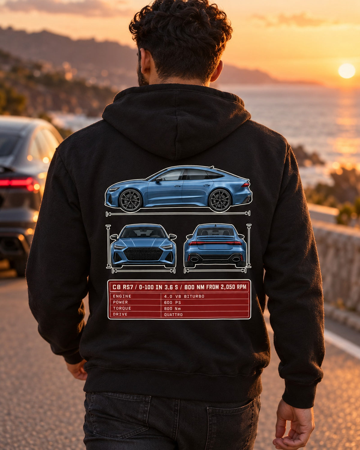 Audi RS7 C8 Three-View Spec Sheet Shirt, 0-100 in 3.6 s Zip Hoodie Black worn hero