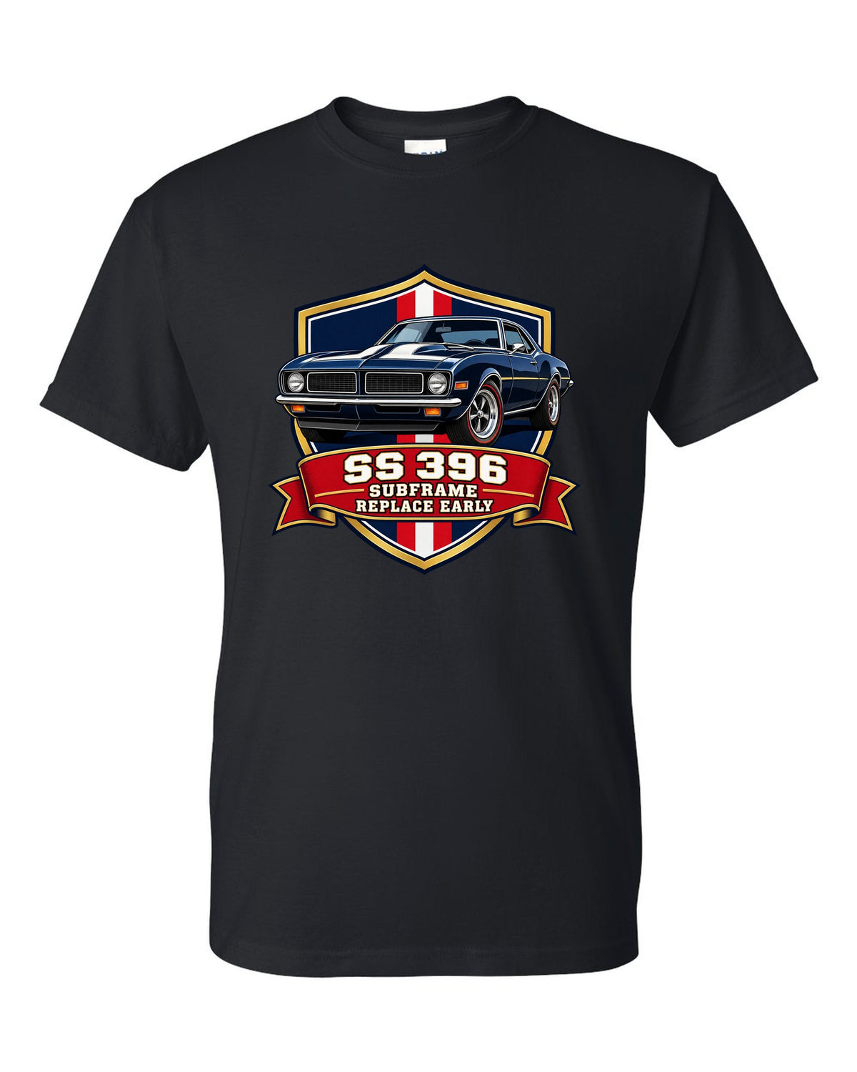 1968 Camaro SS 396 in a varsity shield design with text SS 396 Subframe Replace Early black t-shirt front view with the design