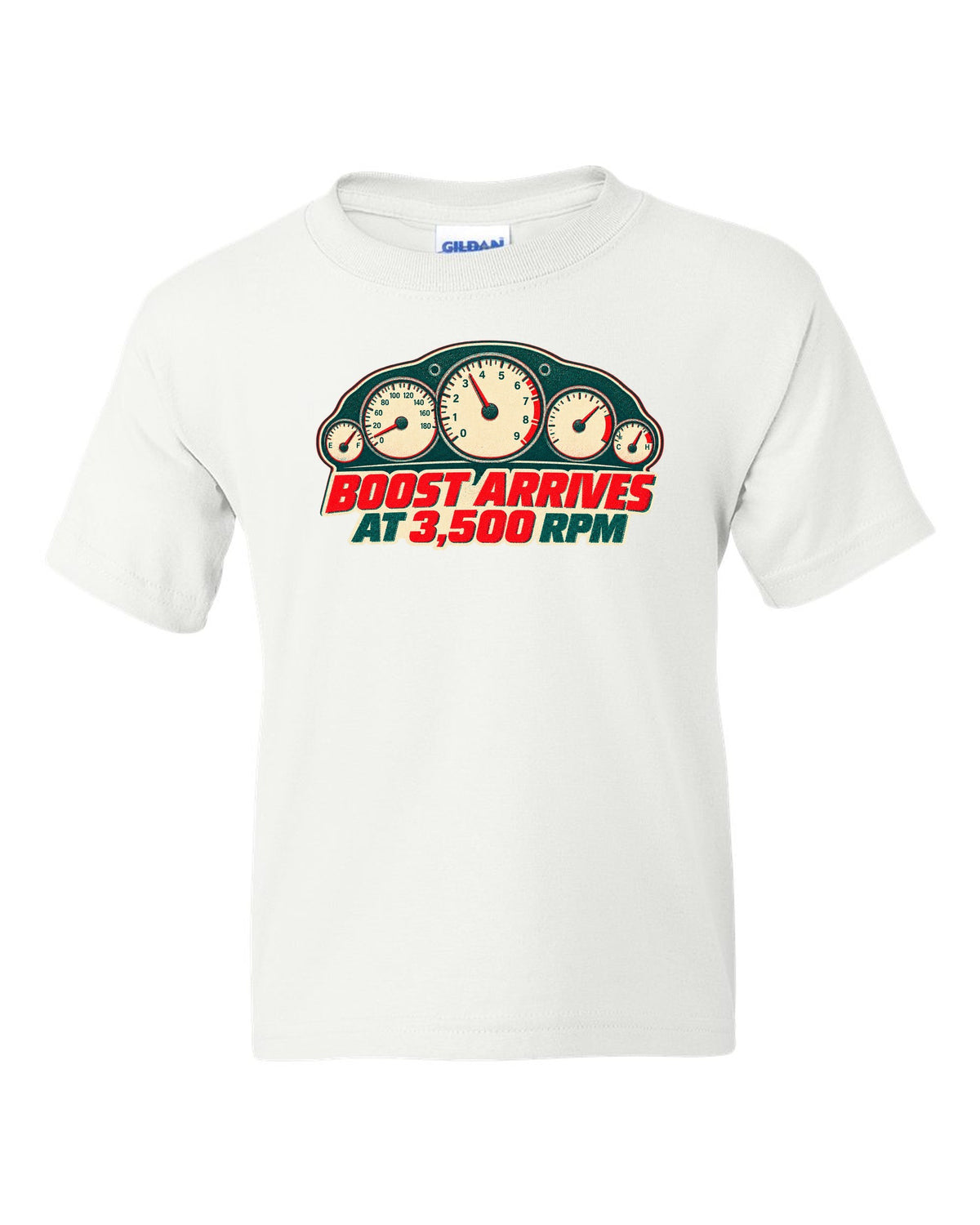 Risograph two-colour print of a tachometer for the Nissan Skyline GT-R R33 BCNR33 white kids tee front view with the design