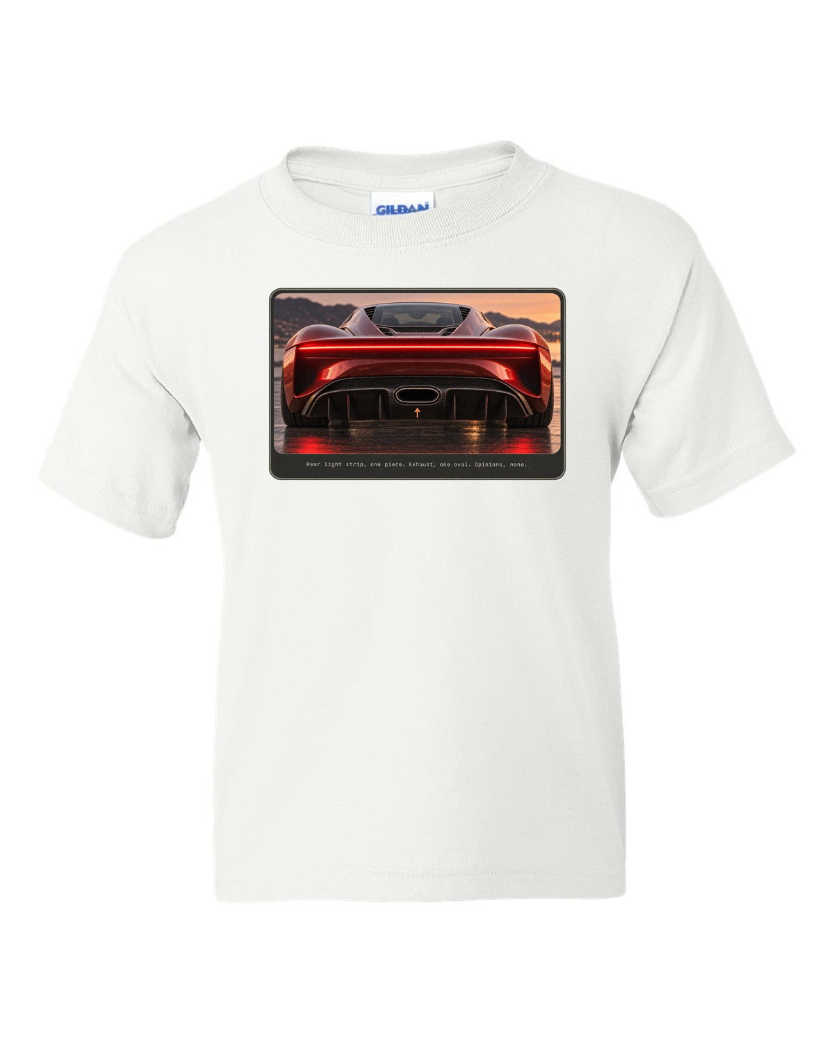 Bugatti Chiron rear light strip and oval exhaust macro print white kids tee front view with the design
