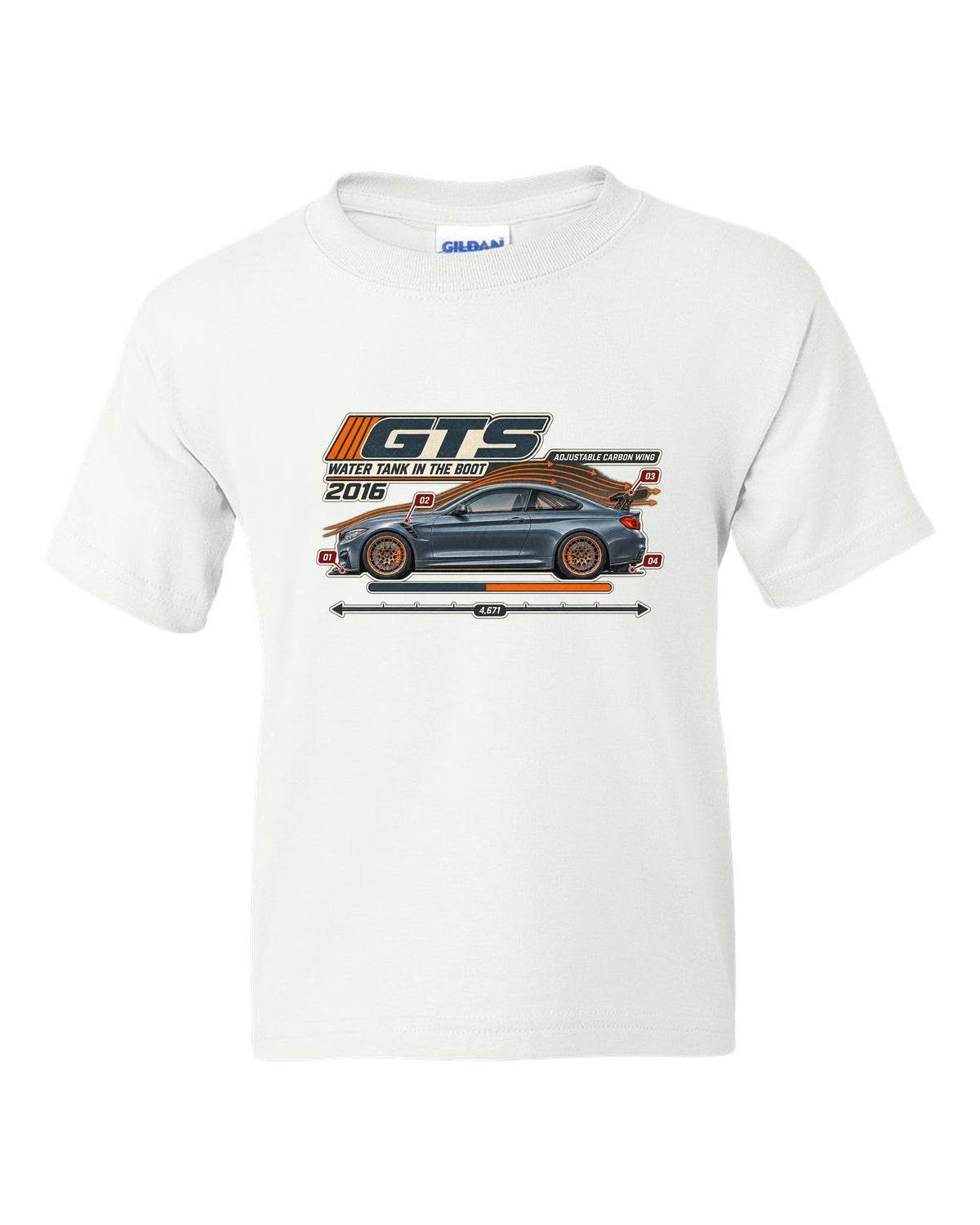 BMW M4 GTS F82 aero cutaway with callouts print white kids tee front view with the design