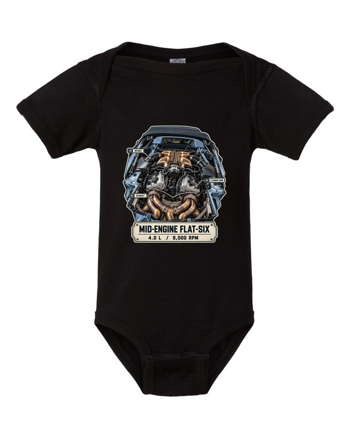 Engine hero print of a Porsche 718 Spyder RS 982 showing the mid-engine 4.0 L flat-six black baby onesie front view with the design