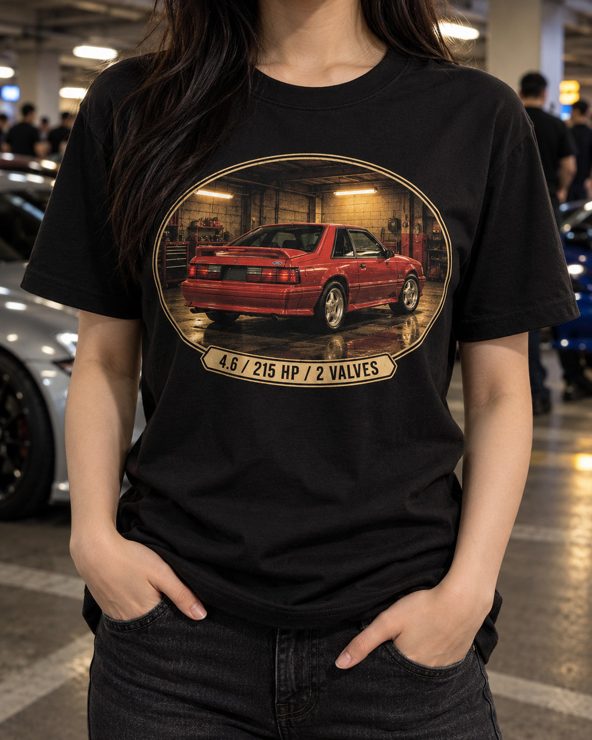 SN95 Mustang Coupe Vintage Oil Can Label Shirt, 4.6 2V T-Shirt Black worn hero