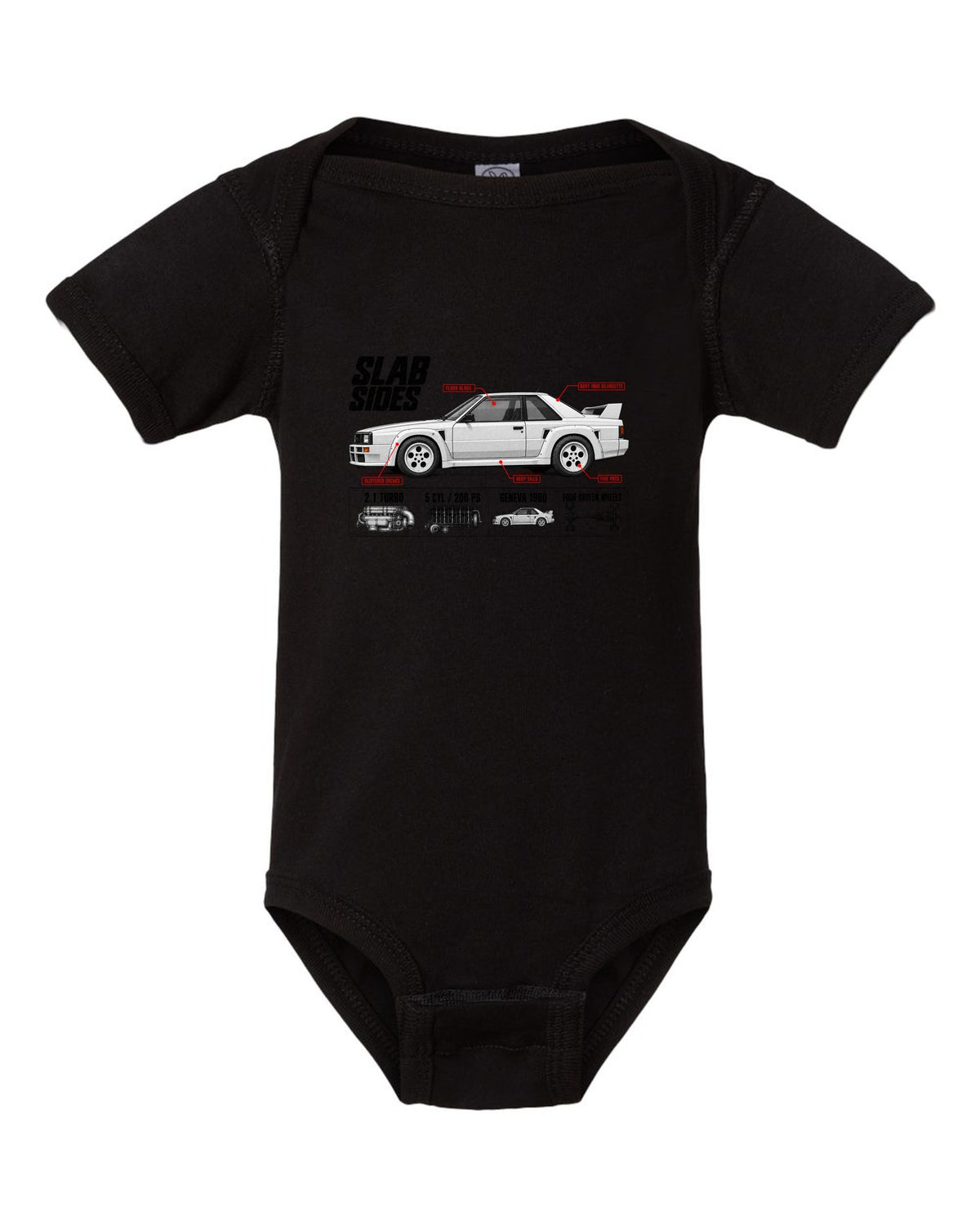 Audi Ur-Quattro Type 85 Slab Sides Spec Poster black baby onesie front view with the design