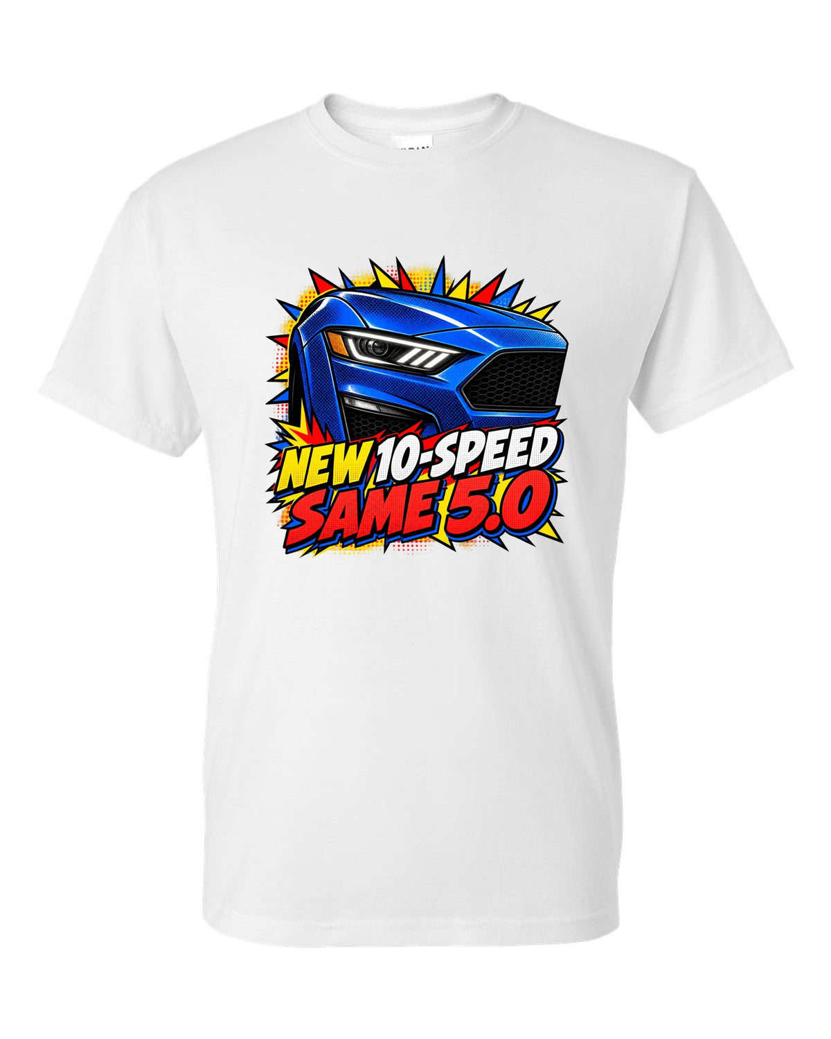 Comic halftone pop-art print of a 2018-23 Ford Mustang S550 GT front end white t-shirt front view with the design
