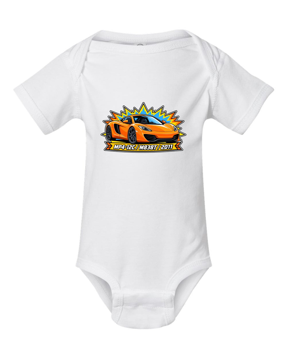 Toy blister card print of a McLaren 12C with MP4-12C, M838T and 2011 lettering white baby onesie front view with the design