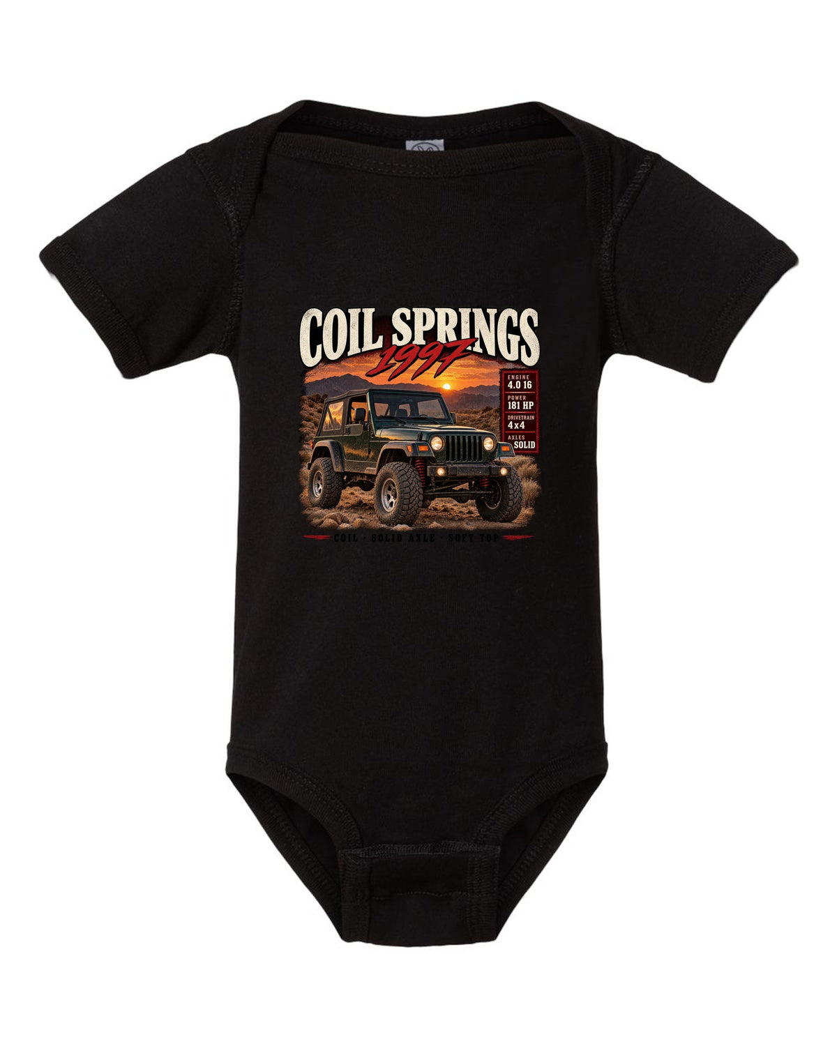 Archive panel print for the Jeep Wrangler TJ, Coil Springs 1997 Finally black baby onesie front view with the design