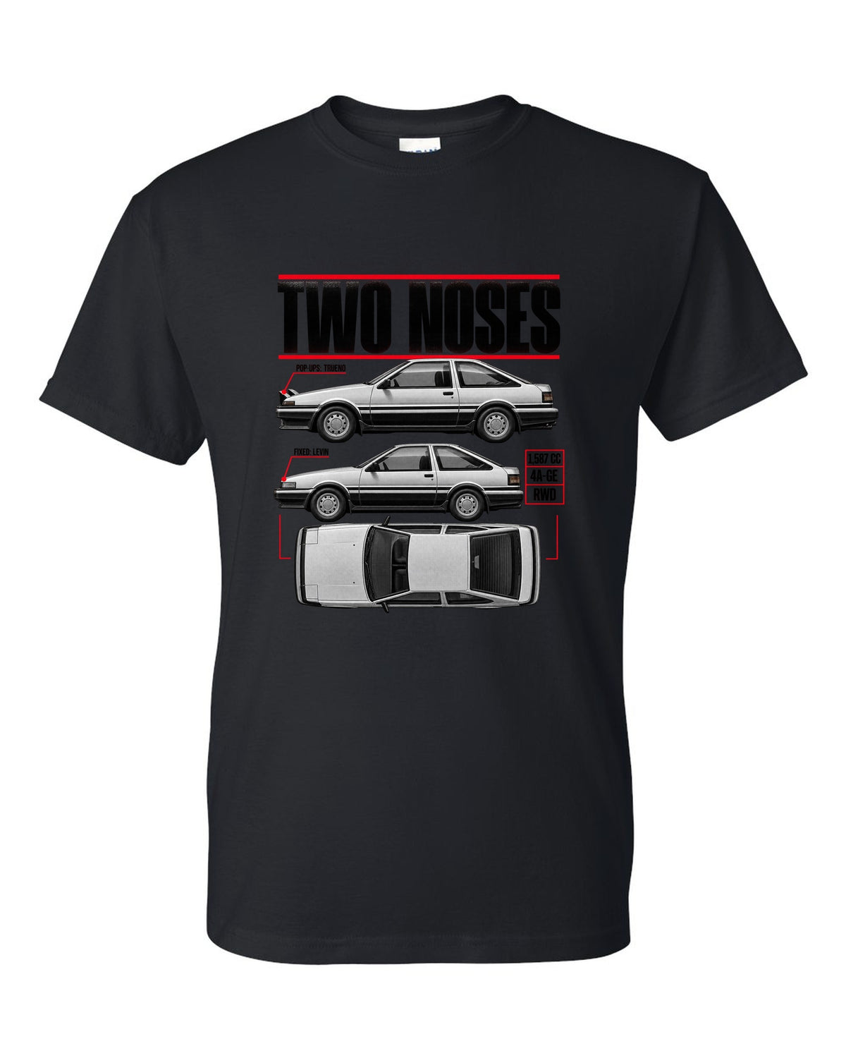 print spec poster of a Toyota AE86 Trueno and Levin in profile with pop-up and fixed headlights black t-shirt front view with the design