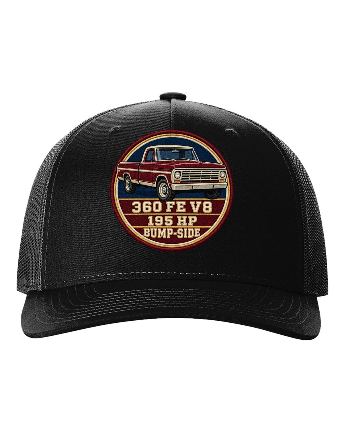 Bump-Side Ford F-Series 1967-72 Crest print Tee black hat front view with the design