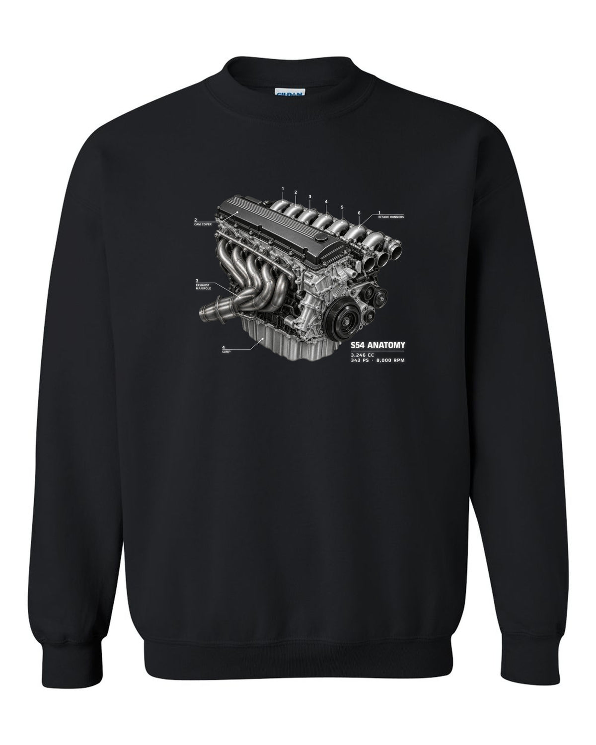 BMW E46 M3 S54 engine anatomy print with 3,246 cc 343 PS and 8,000 rpm text black crewneck front view with the design