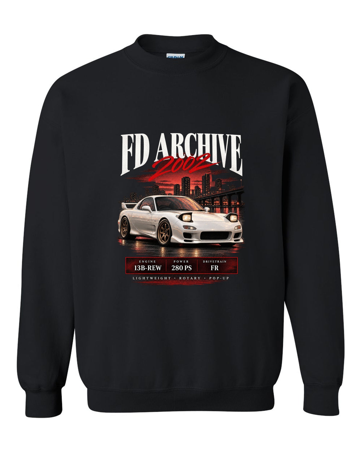 Archive panel print of the Mazda RX-7 FD3S Spirit R 2002 with spec lettering black crewneck front view with the design