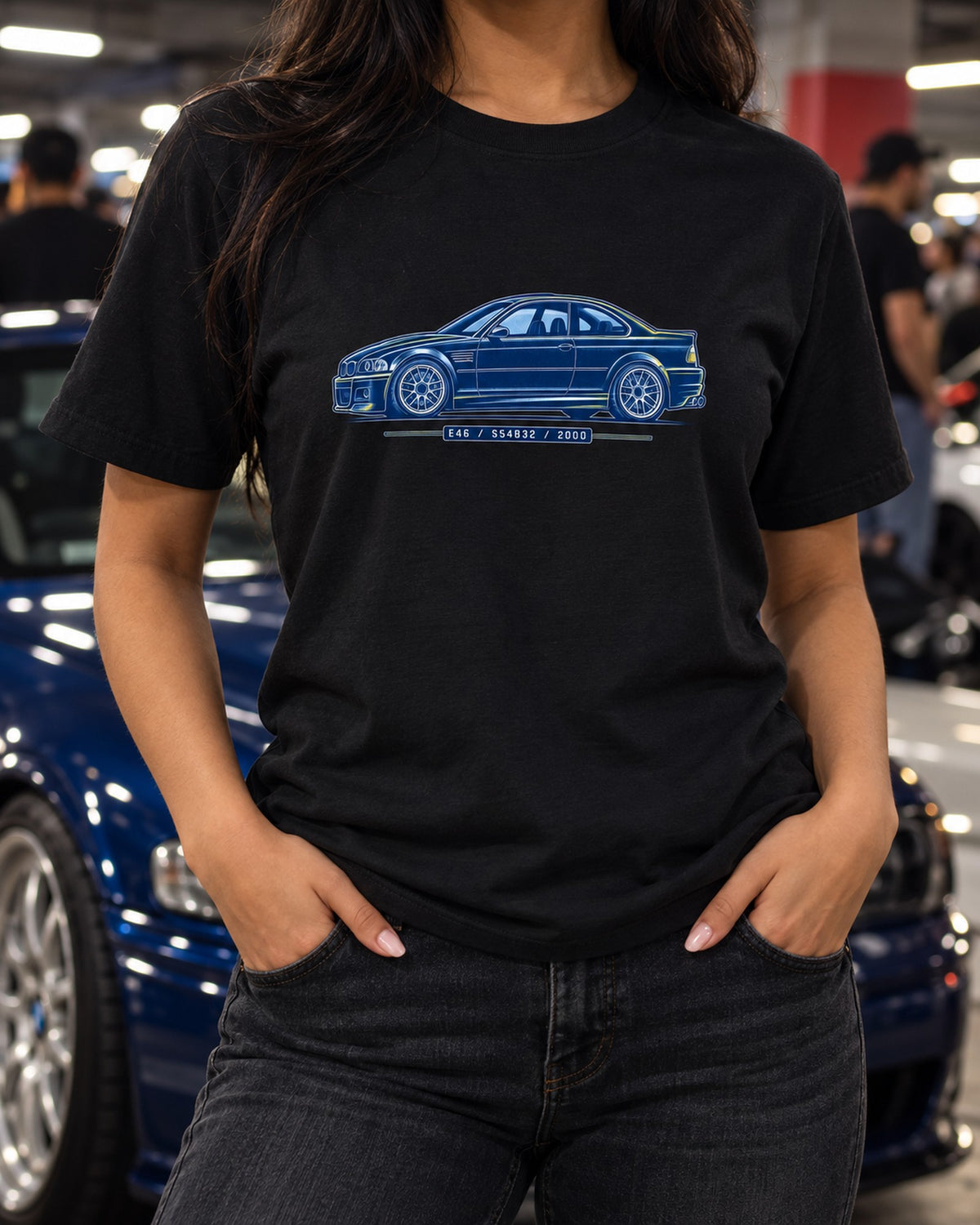BMW E46 M3 S54 Cyanotype Blueprint Shirt, Car Guy Gift T-Shirt Black worn hero
