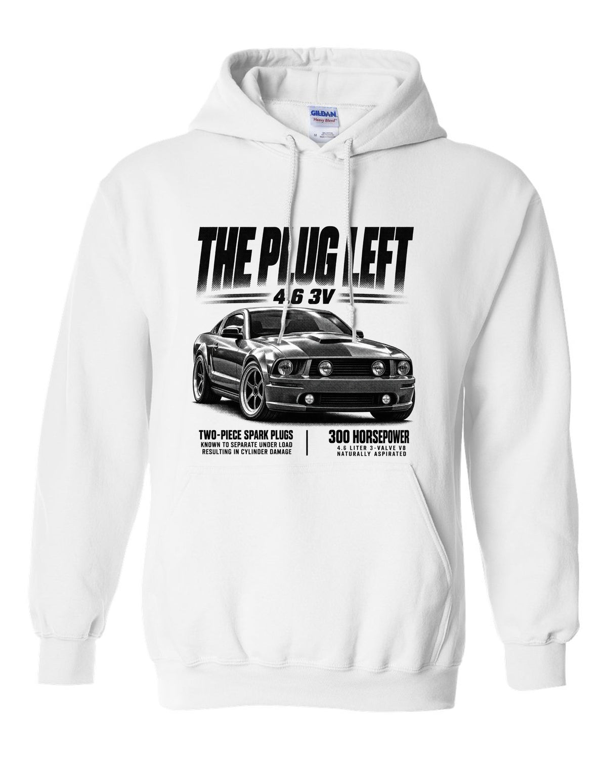 Halftone print of a 2005-09 Ford Mustang S197 GT with 4.6 3V text white pull over hoodie front view with the design