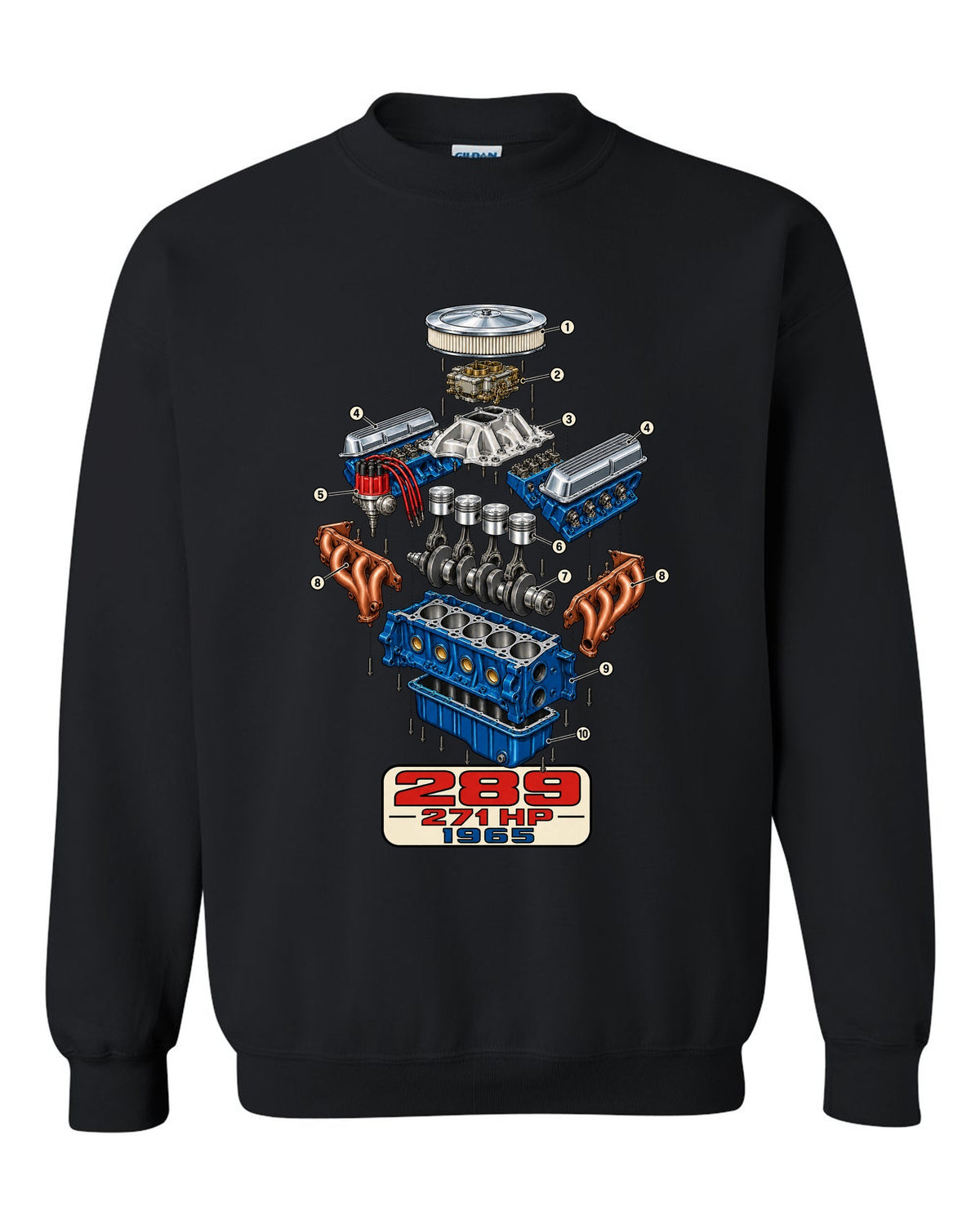 Cutaway exploded engine view print of a 1965 Ford Mustang 289 V8 black crewneck front view with the design