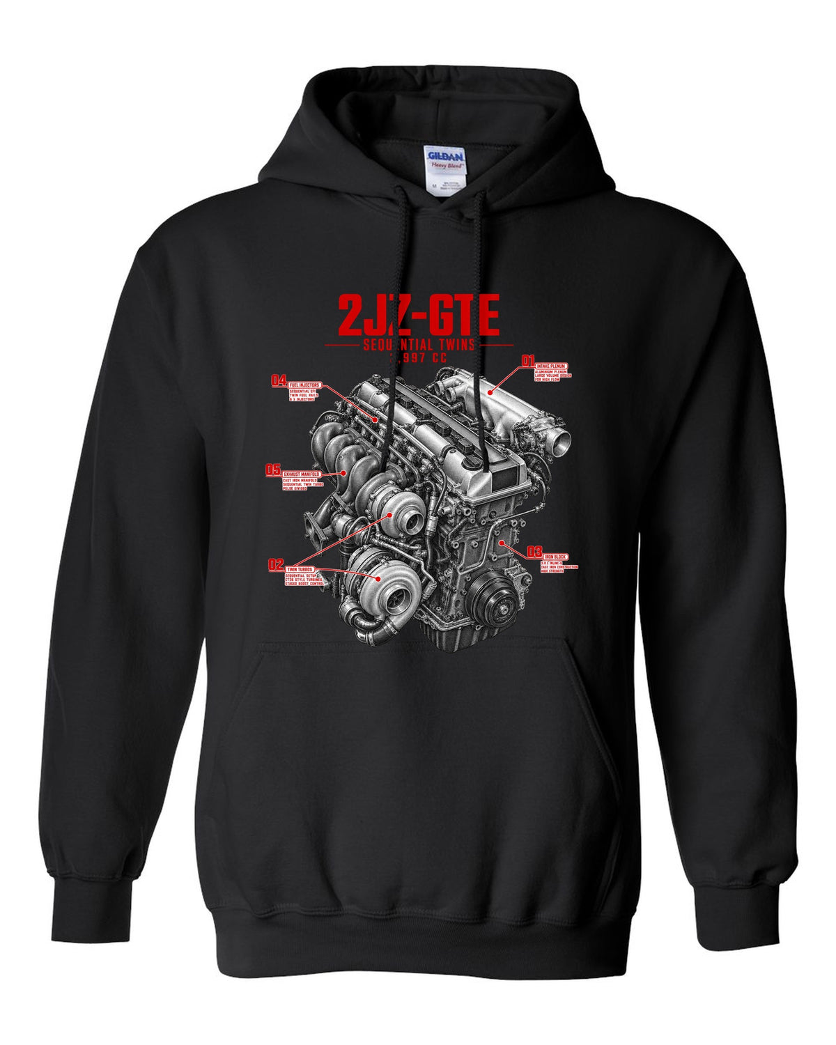 print of a Toyota Supra A80 2JZ-GTE engine with callouts for sequential twins and 2,997 cc black pull over hoodie front view with the design