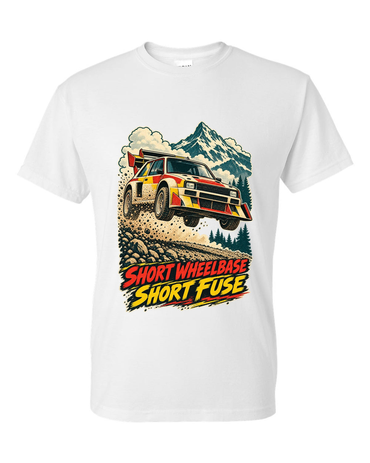 Vintage race-poster lithograph print of a 1985 Audi Sport Quattro S1 E2 with Short Fuse lettering white t-shirt front view with the design
