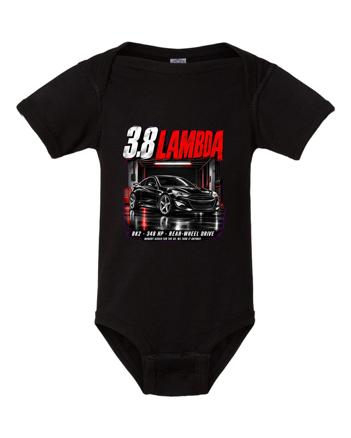 Hyundai Genesis Coupe BK2 3.8 Track in a garage at night with spec text black baby onesie front view with the design
