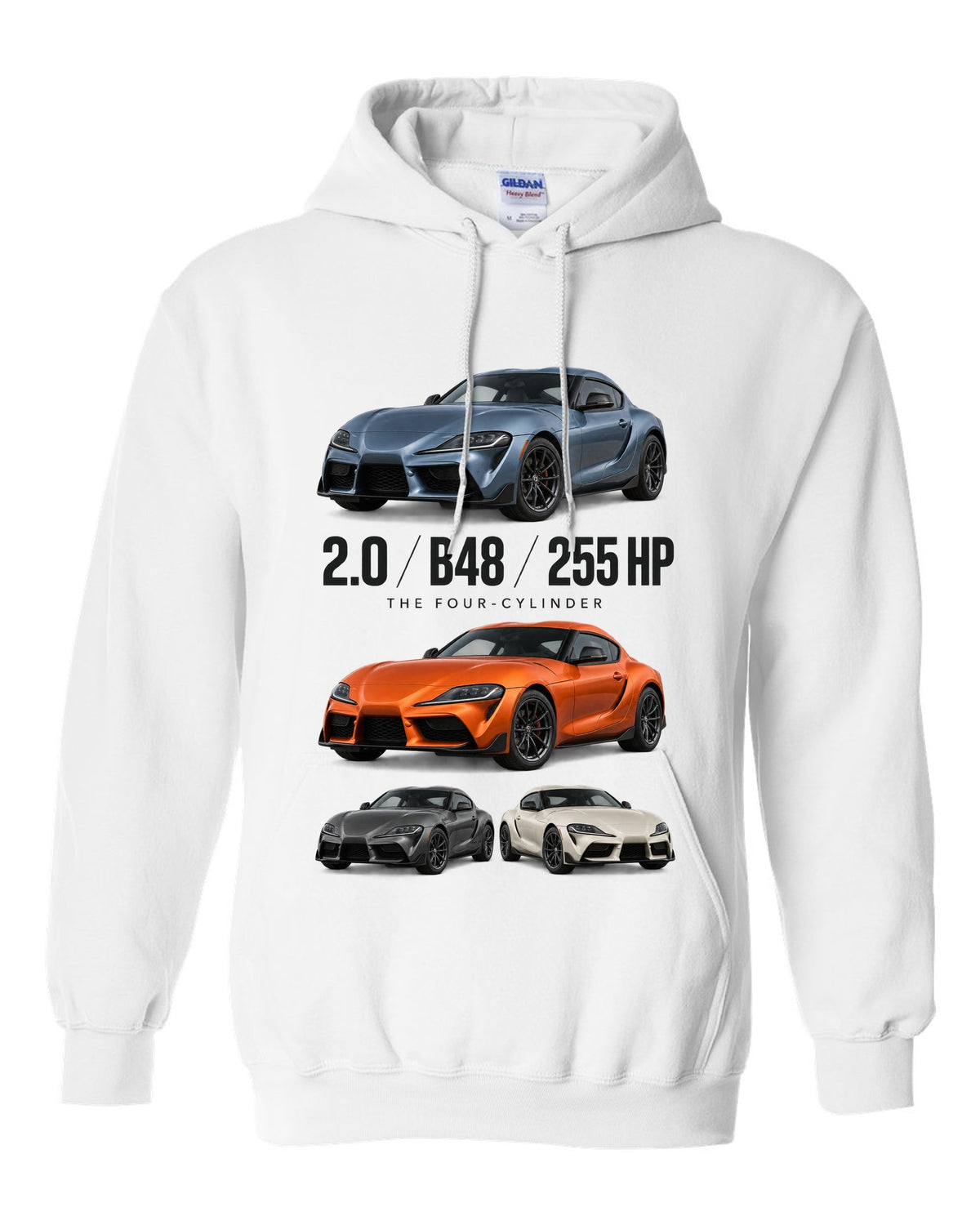 Steel blue Toyota GR Supra 2.0 spec poster with B48 and 255 HP text white pull over hoodie front view with the design