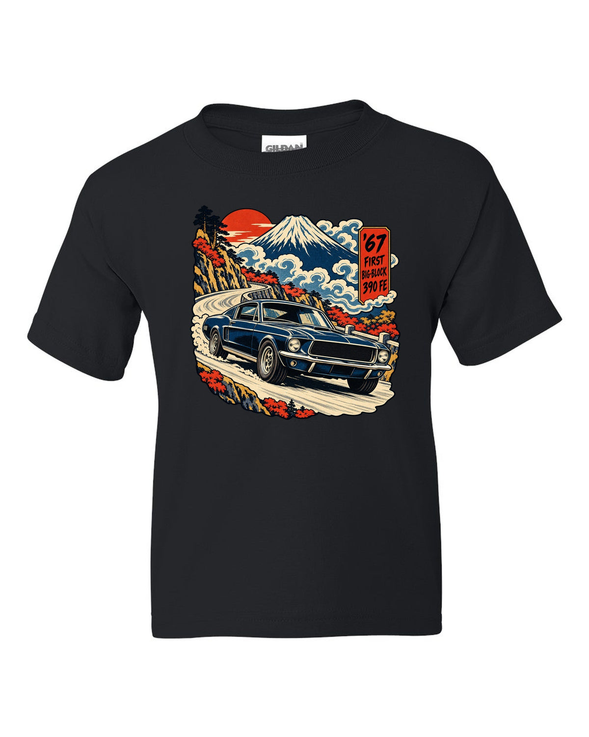 Ukiyo-e woodblock print of a 1967 Ford Mustang fastback with 390 FE first big-block text black kids tee front view with the design