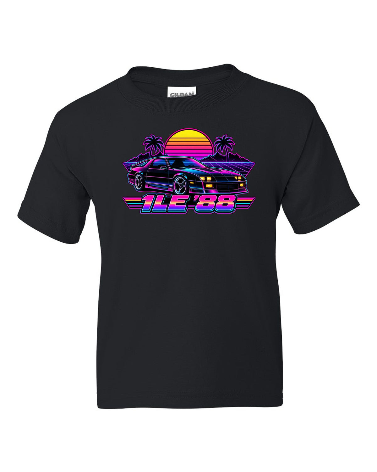 1988 Camaro 1LE third-generation against a synthwave grid horizon with a striped sun and the text 1LE '88 black kids tee front view with the design