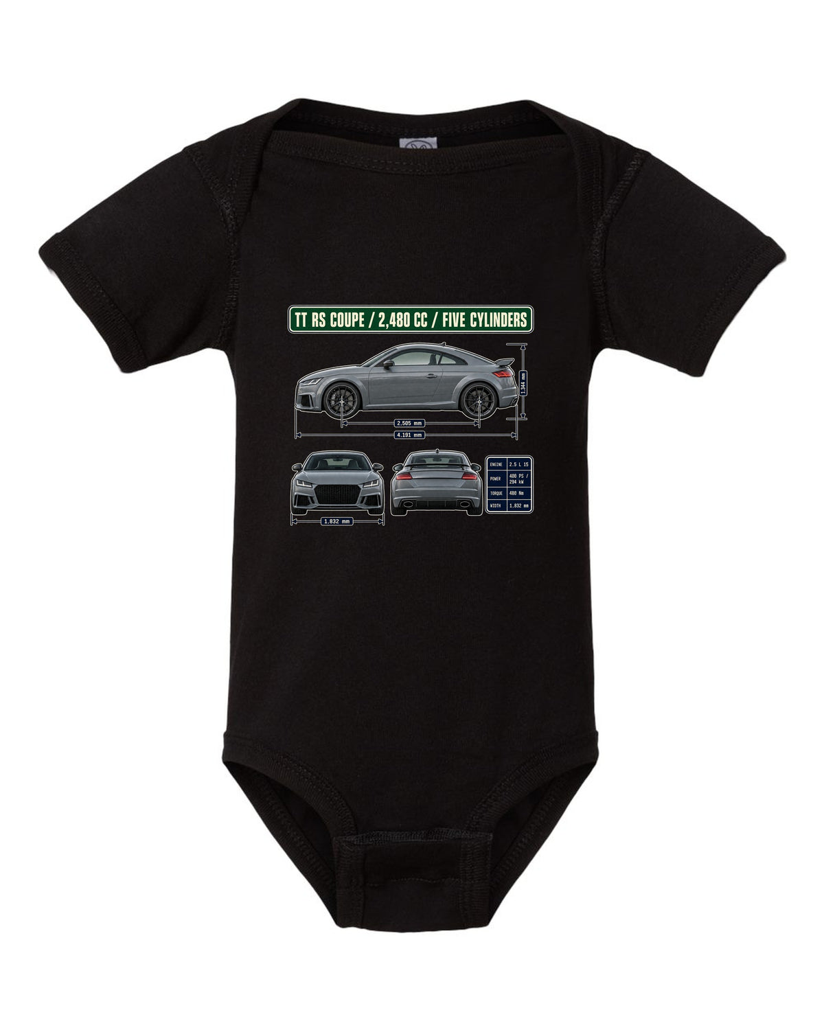 Audi TT RS 8S coupe dimension blueprint print with five-cylinder engine size black baby onesie front view with the design