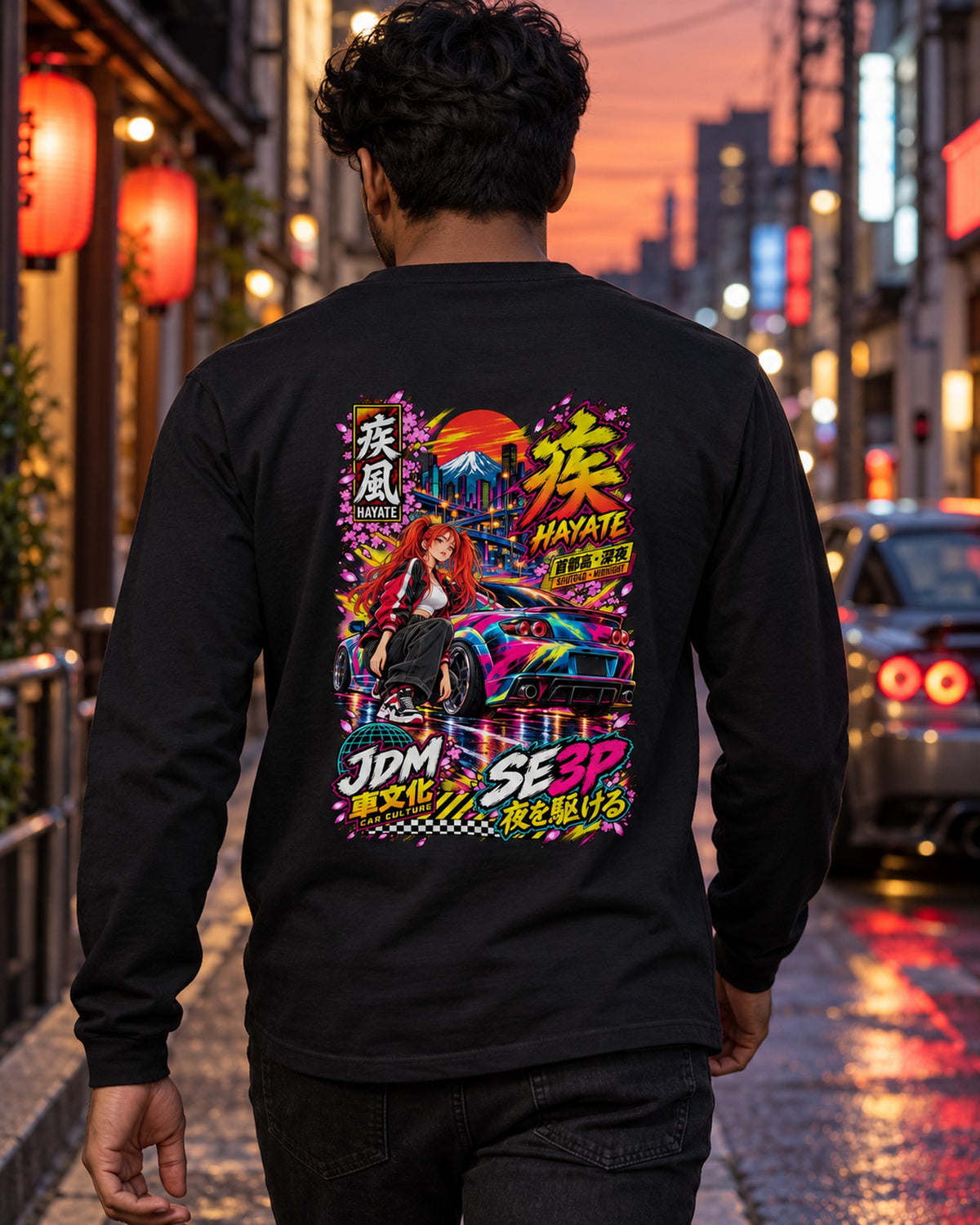 HAYATE SE3P Anime Girl Full-Back Graphic Tee Long Sleeve Black worn hero