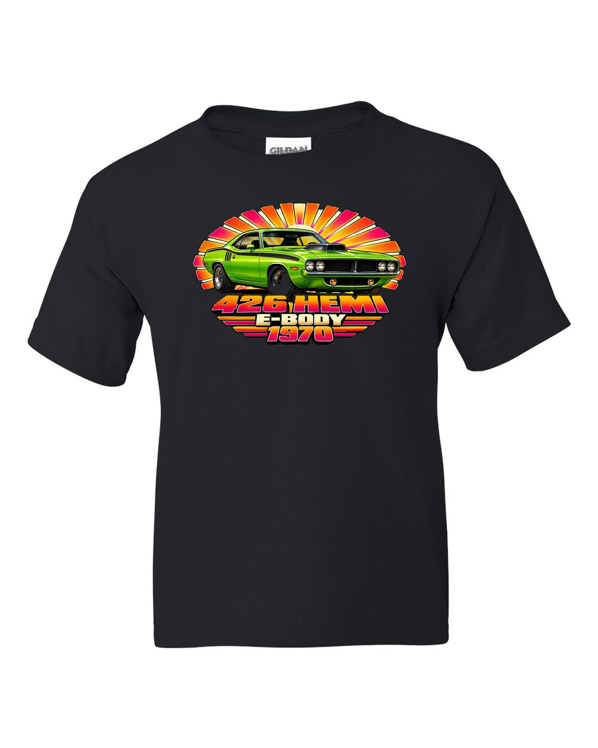 1970 Plymouth Hemi Cuda E-body 70s airbrush sunburst print with 426 Hemi text black kids tee front view with the design