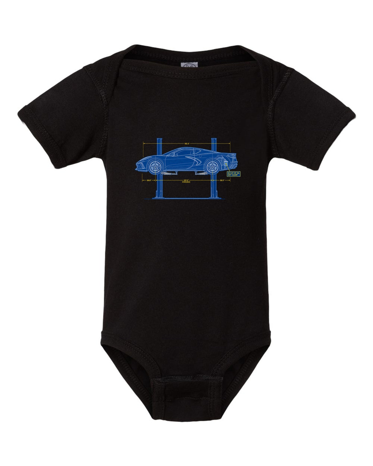 Retro manga halftone panel of a 2023 Chevrolet Corvette C8 Z06 with dry sump oil lettering black baby onesie front view with the design