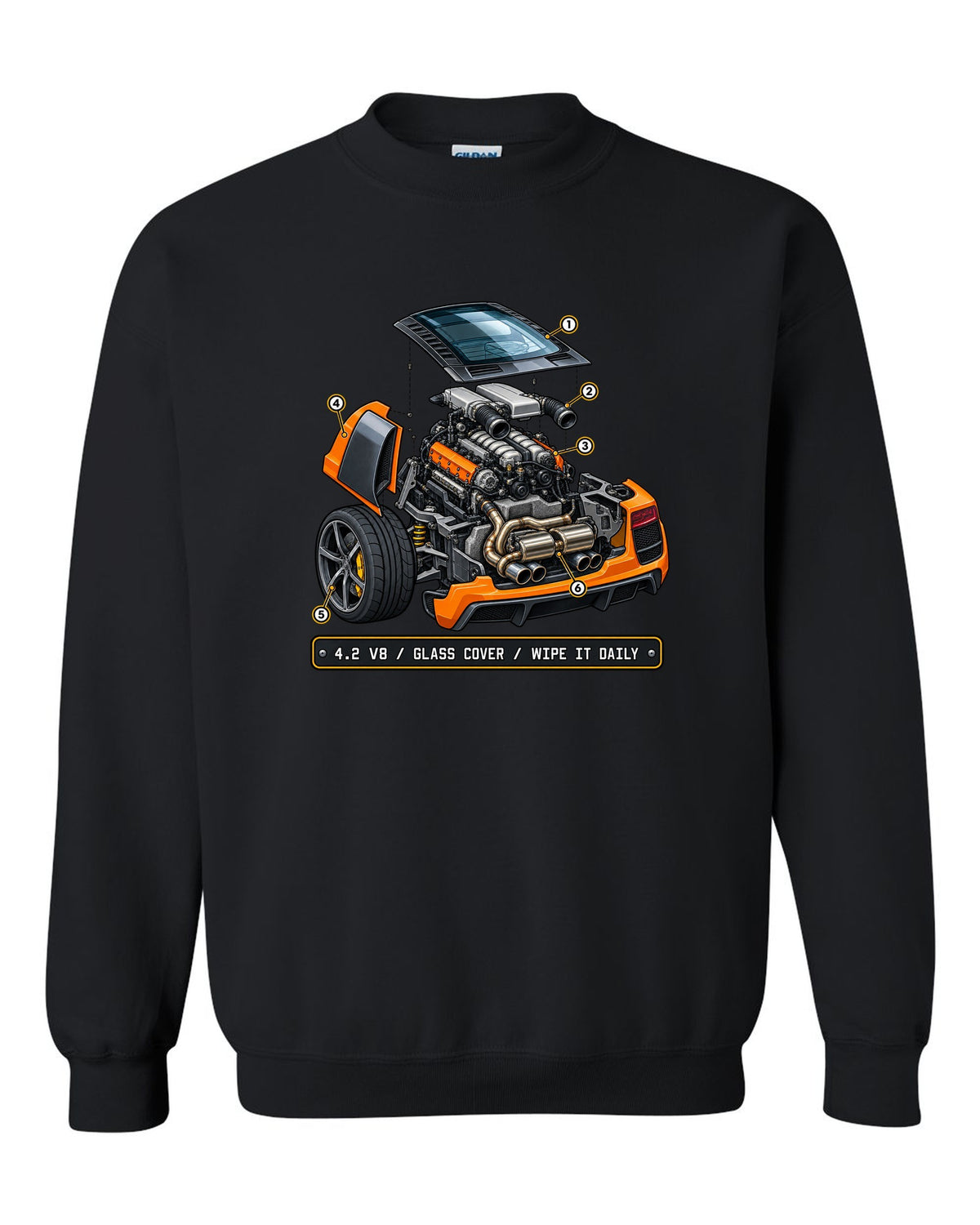 Isometric exploded view print of the Audi R8 Type 42 4.2 V8 with glass cover black crewneck front view with the design
