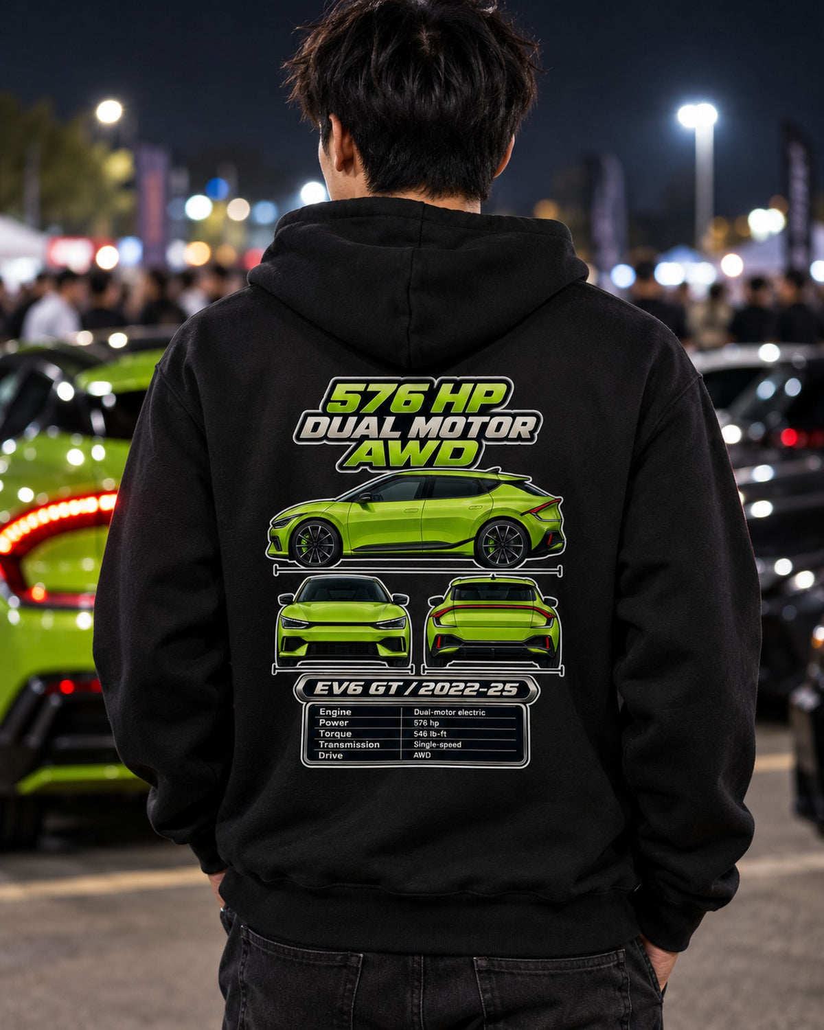 Kia Ev6 Gt Spec Sheet Full-Back Graphic Tee Pull Over Hoodie Black worn hero