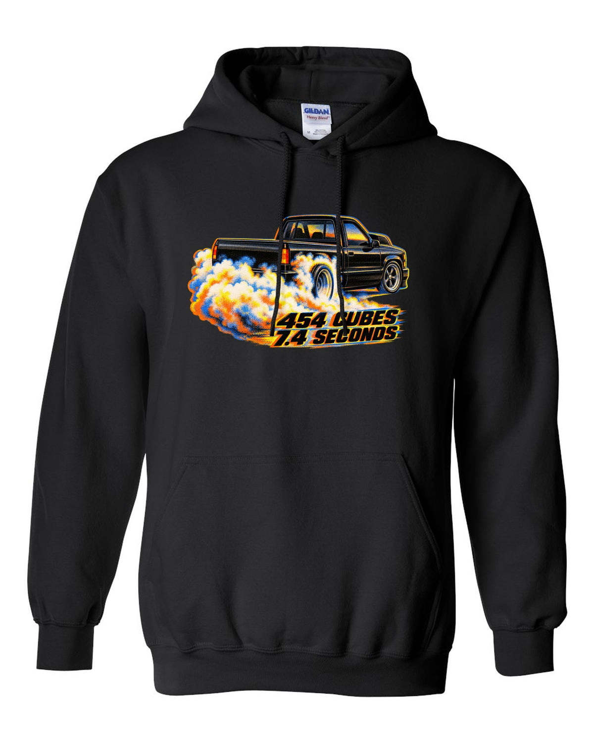 Risograph burnout smoke print of a 1990-93 Chevrolet 454 SS pickup with 454 cubes text black pull over hoodie front view with the design