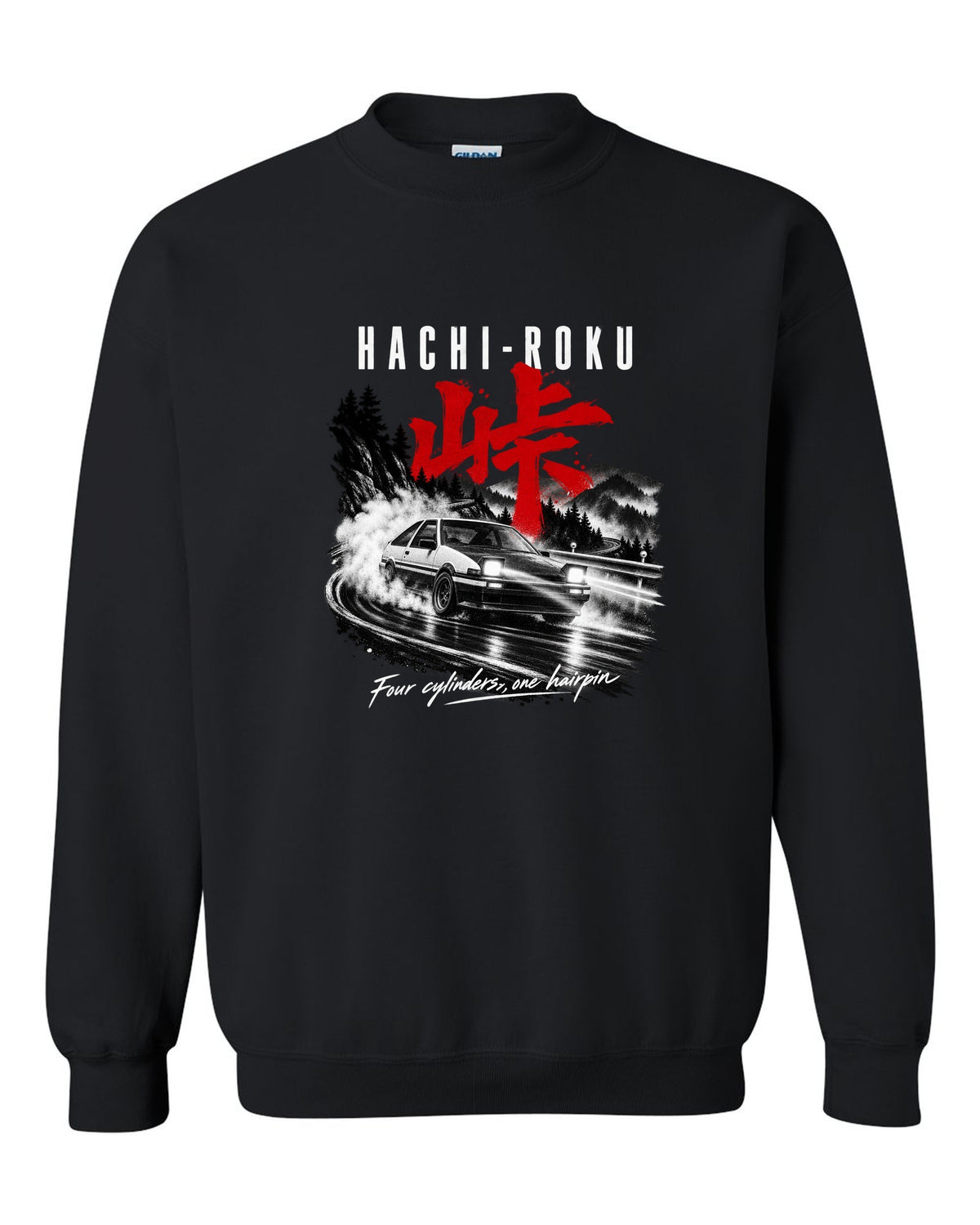 print of a Toyota AE86 Sprinter Trueno on a night touge with Hachi-Roku lettering and a hairpin bend black crewneck front view with the design