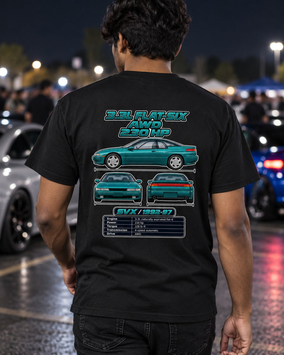 Subaru Svx Spec Sheet Full-Back Graphic Tee T-Shirt Black worn hero