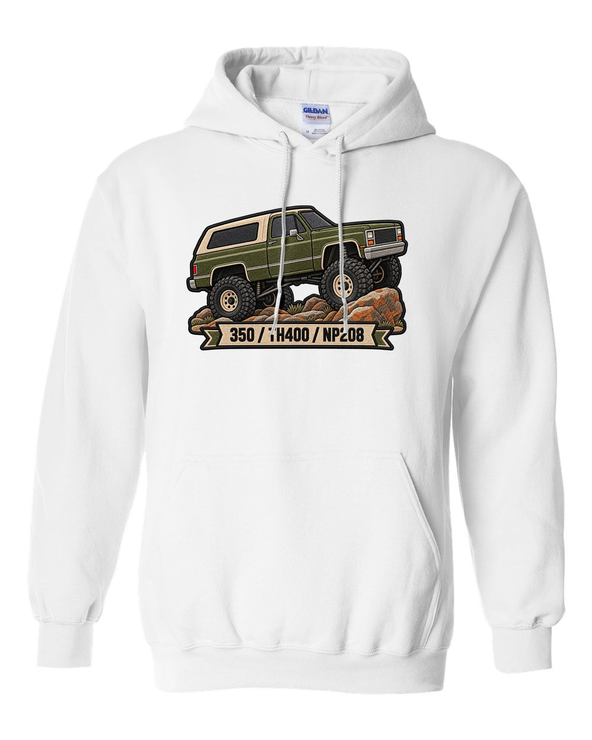 Embroidered patch style design of a 1973-91 Chevrolet K5 Blazer with 350, TH400, NP208 text white pull over hoodie front view with the design